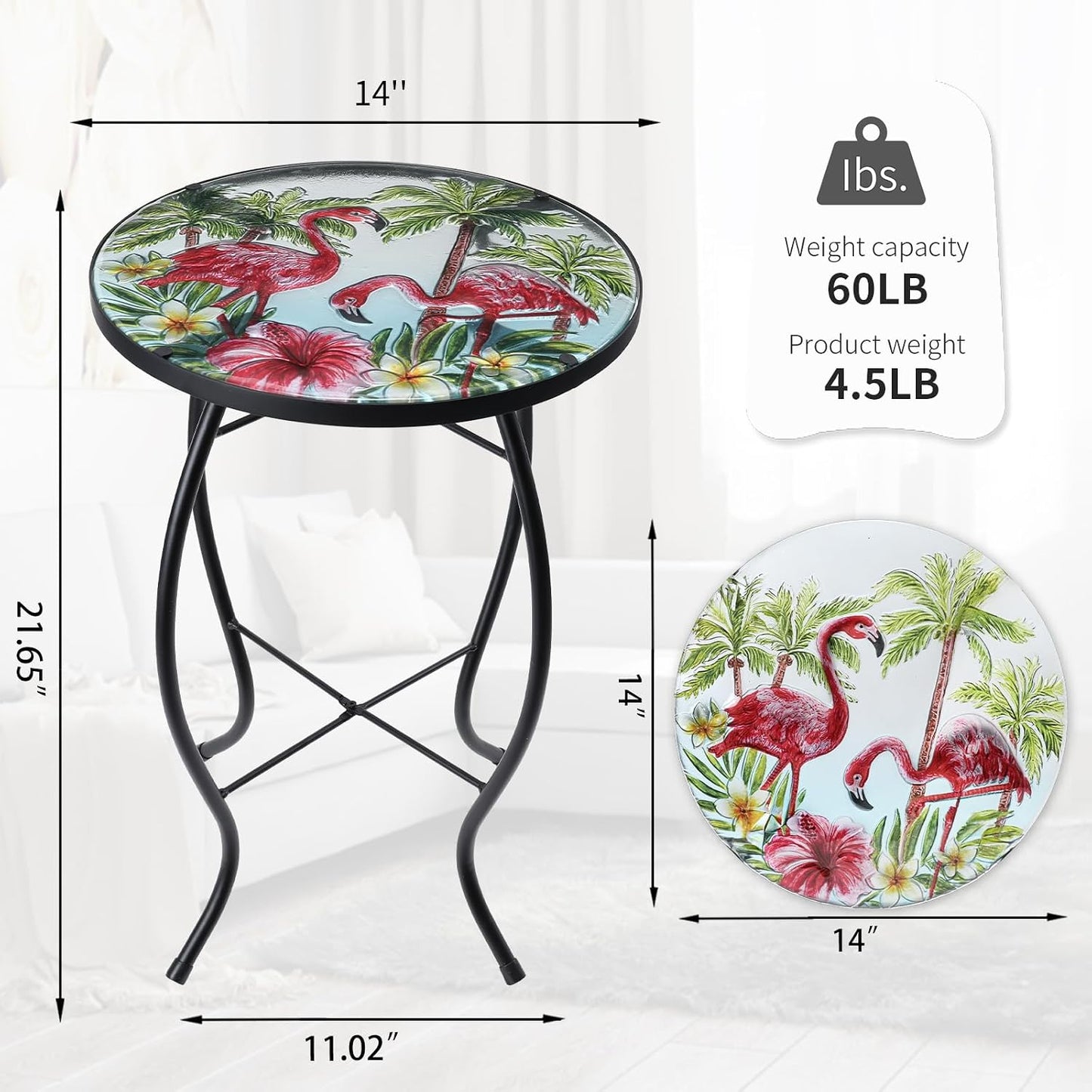 Mesa auxiliar redonda cristal para exterior e interior 14"