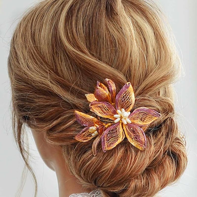 Pinza pelo novia flores doradas y moradas mujer niña