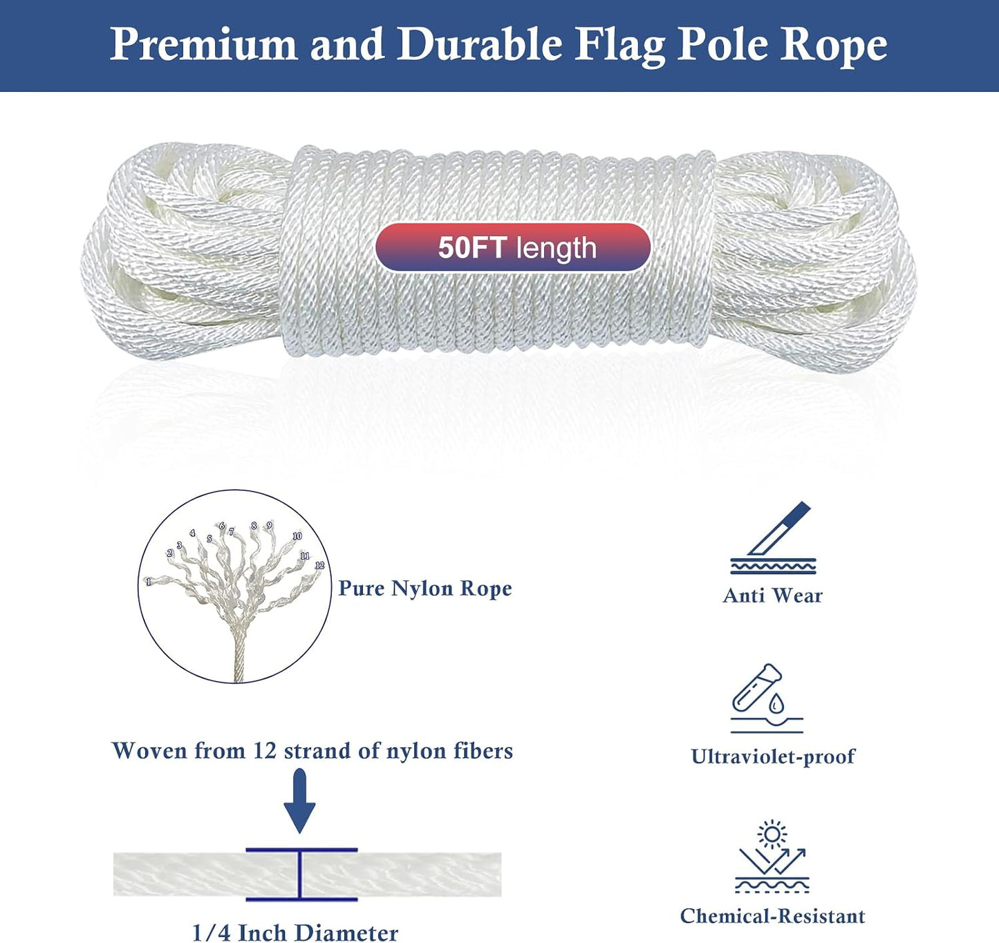 Kit cuerda asta bandera 50ft 1/4" con 4 clips nailon