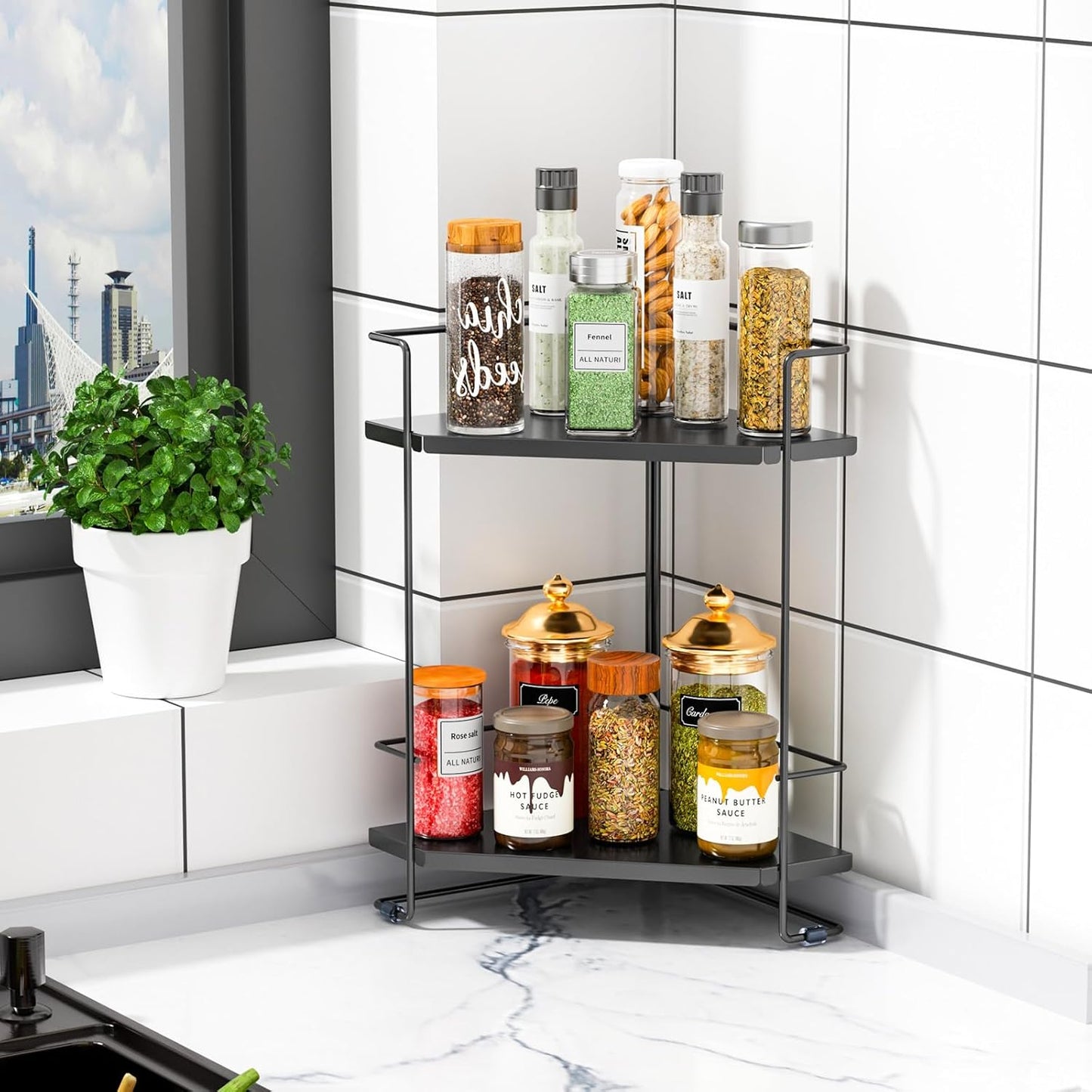 Organiz. baño 2 niveles para encimera y esquina negro