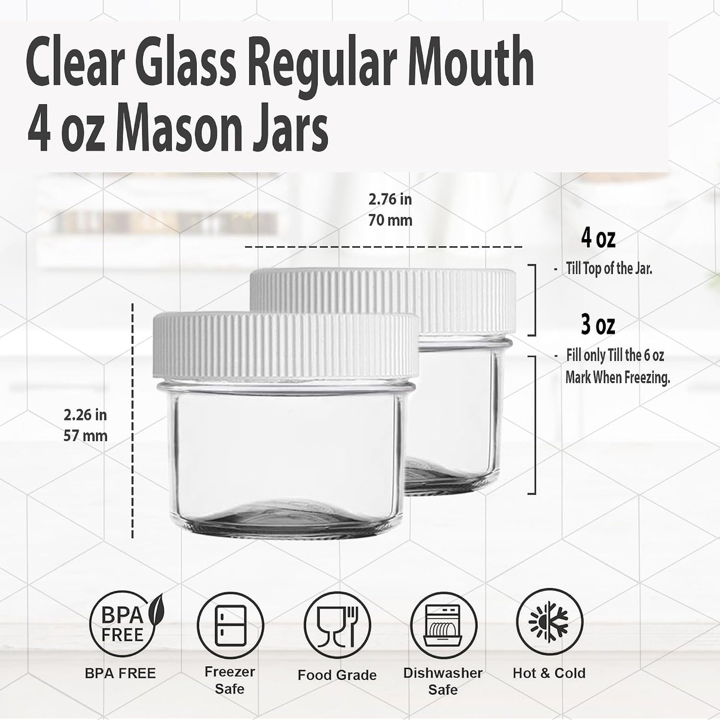 Tarros Mason 4oz con tapas plásticas blancas