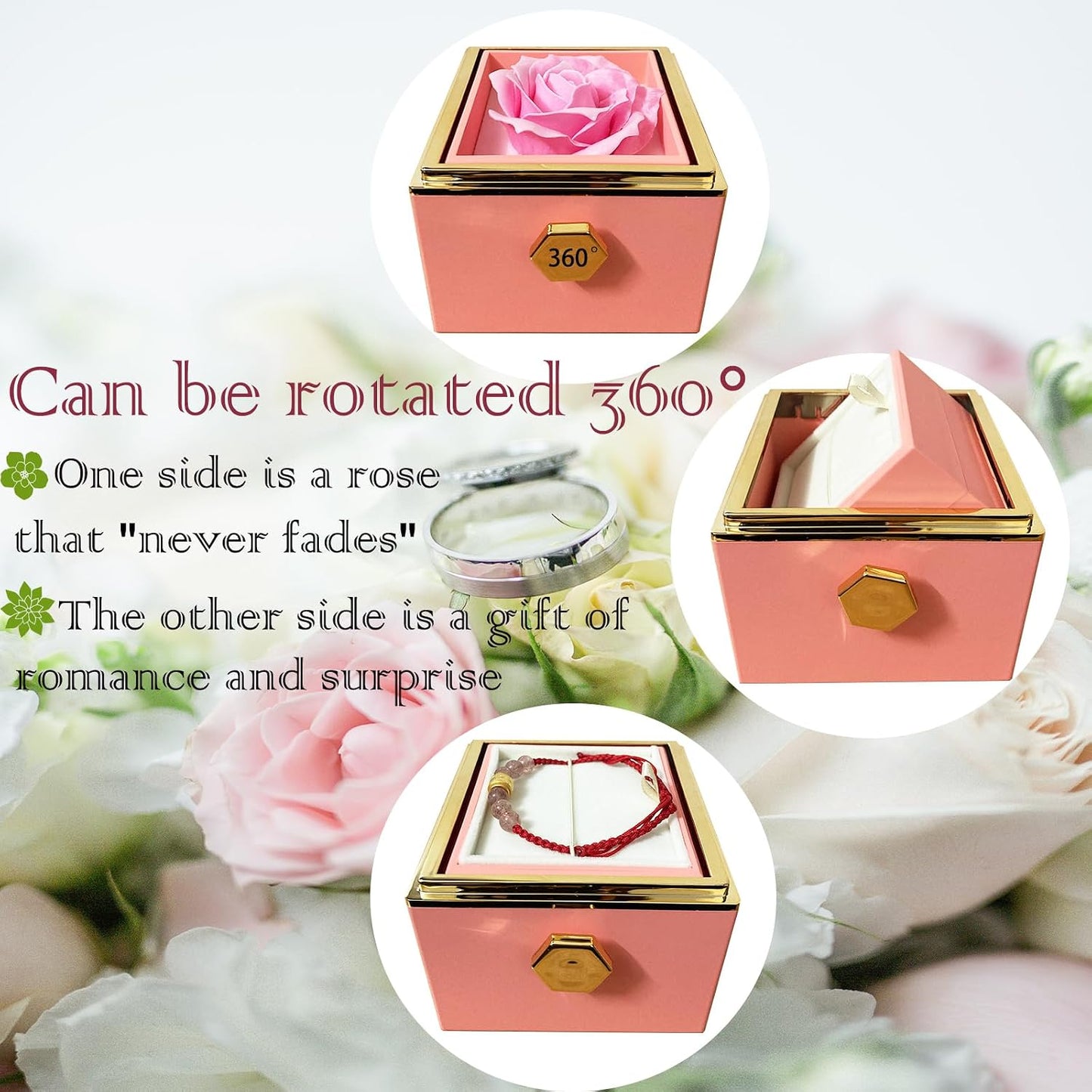 Caja terciopelo anillo rosa 360° regalo bodas