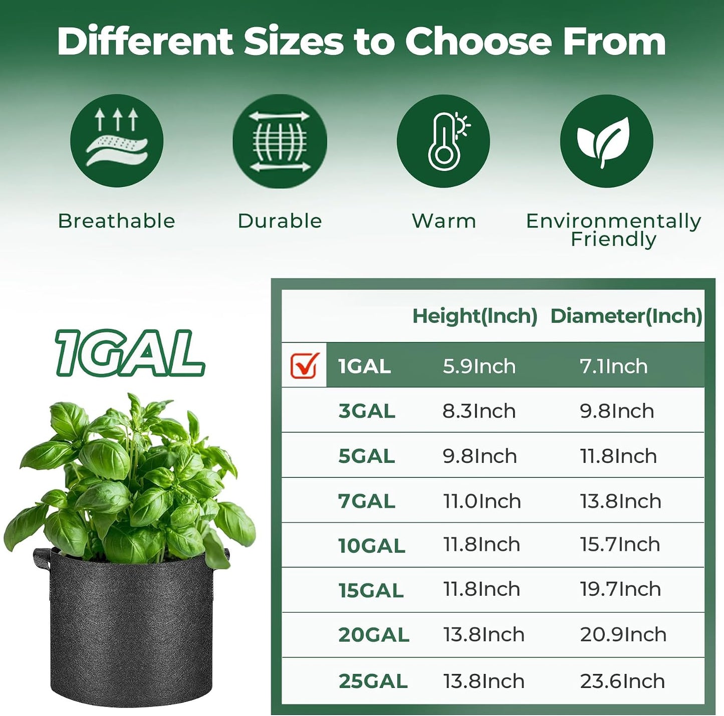 Bolsas cultivo 1gal con asas tela gruesa no tejida set 5