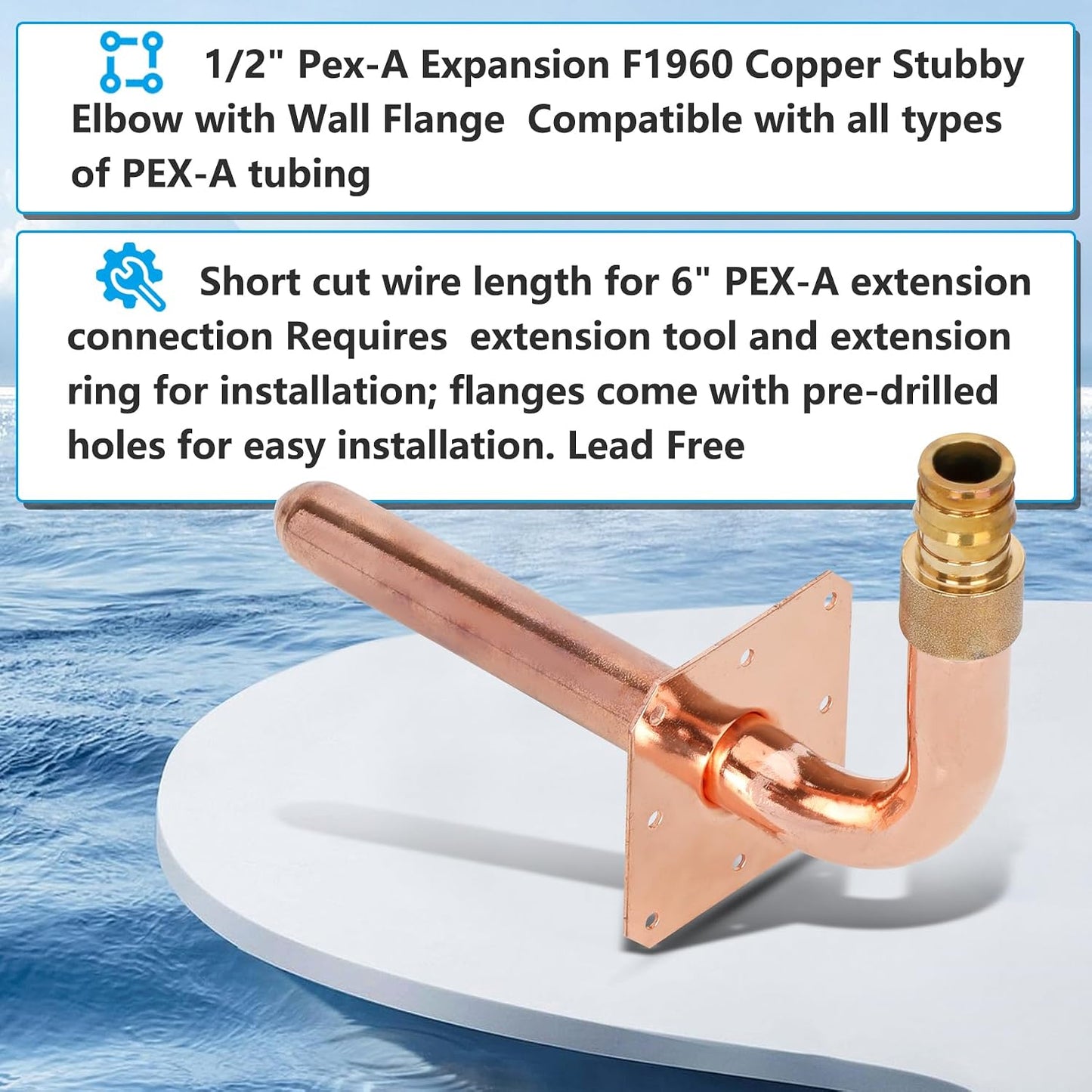Codo salida cobre PEX-A 1/2''-6pulg 10 Pzas sin plomo