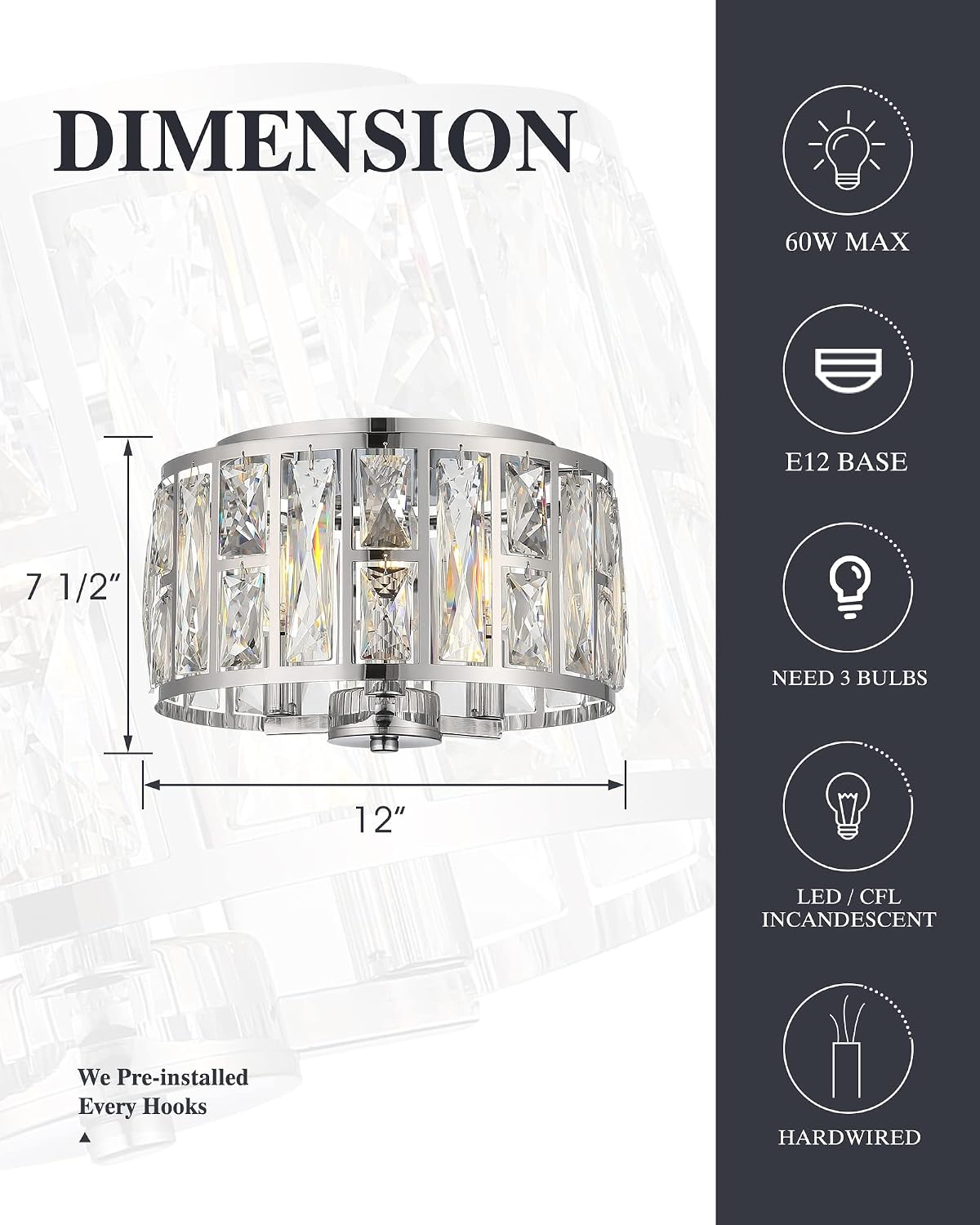 Lámpara techo cristal 12" 3 luces moderna dormitorio