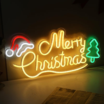 Letrero neón Feliz Navidad LED 16.7x7.9pulg con árbol y gorro Santa
