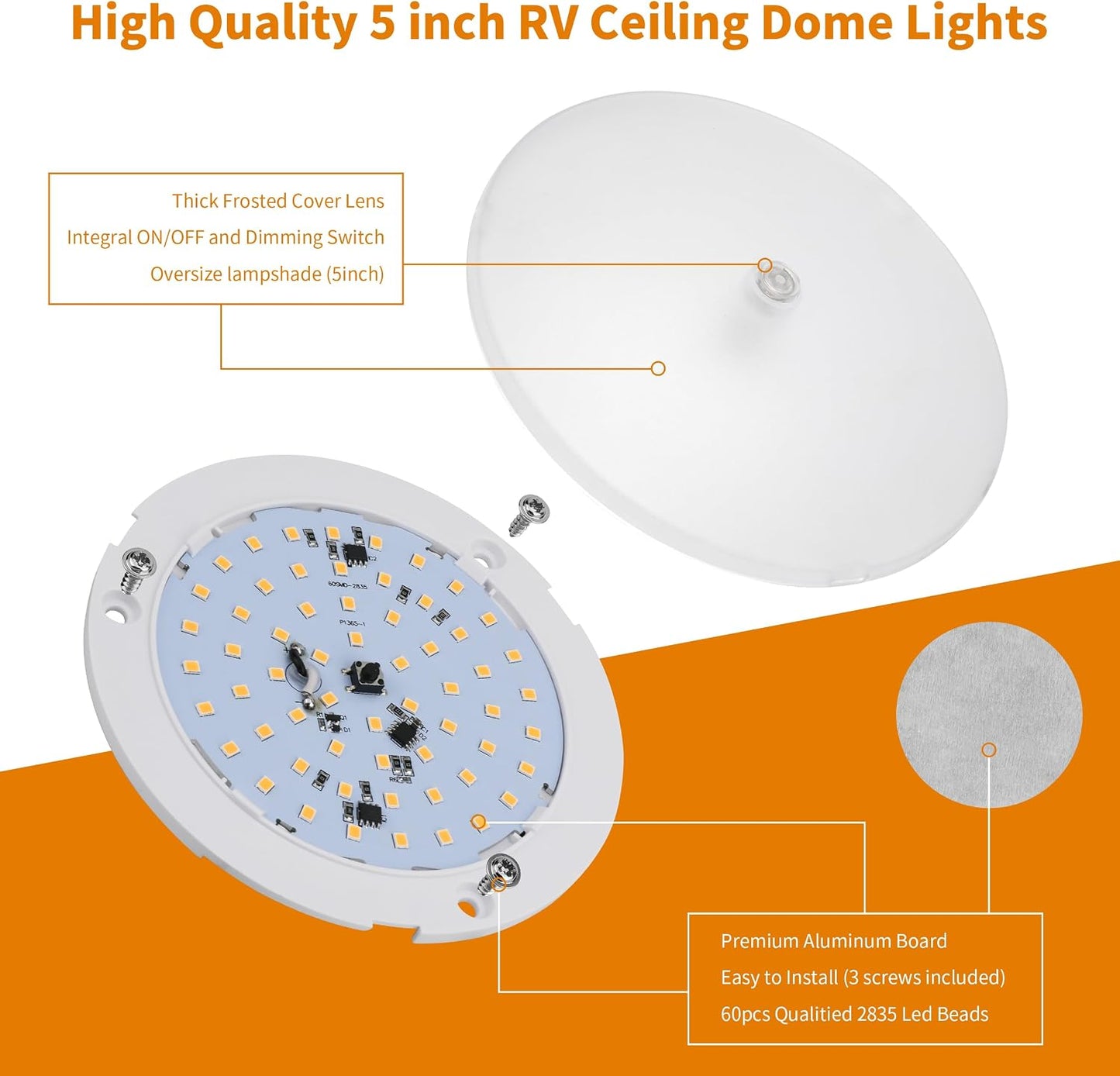 Luz LED techo caravana 5pulg 12V regulable cúpula transparente