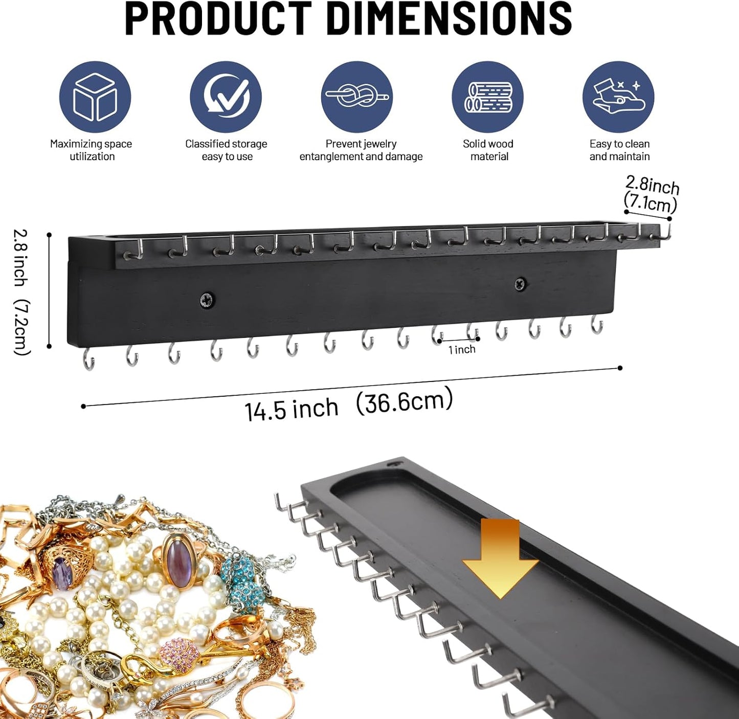 Organiz. collares joyas 30 ganchos roble negro