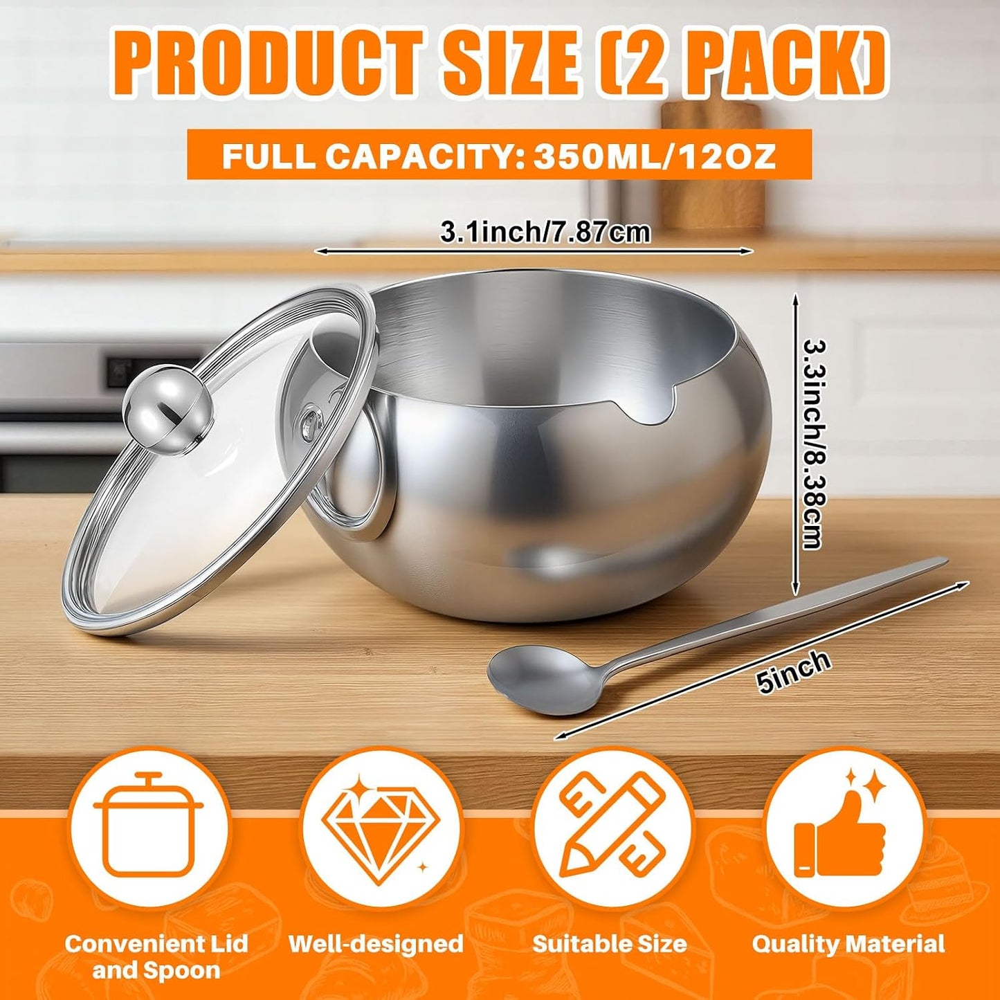 Set 2 Azucareros 12oz Acero Inox con Tapa y Cuchara
