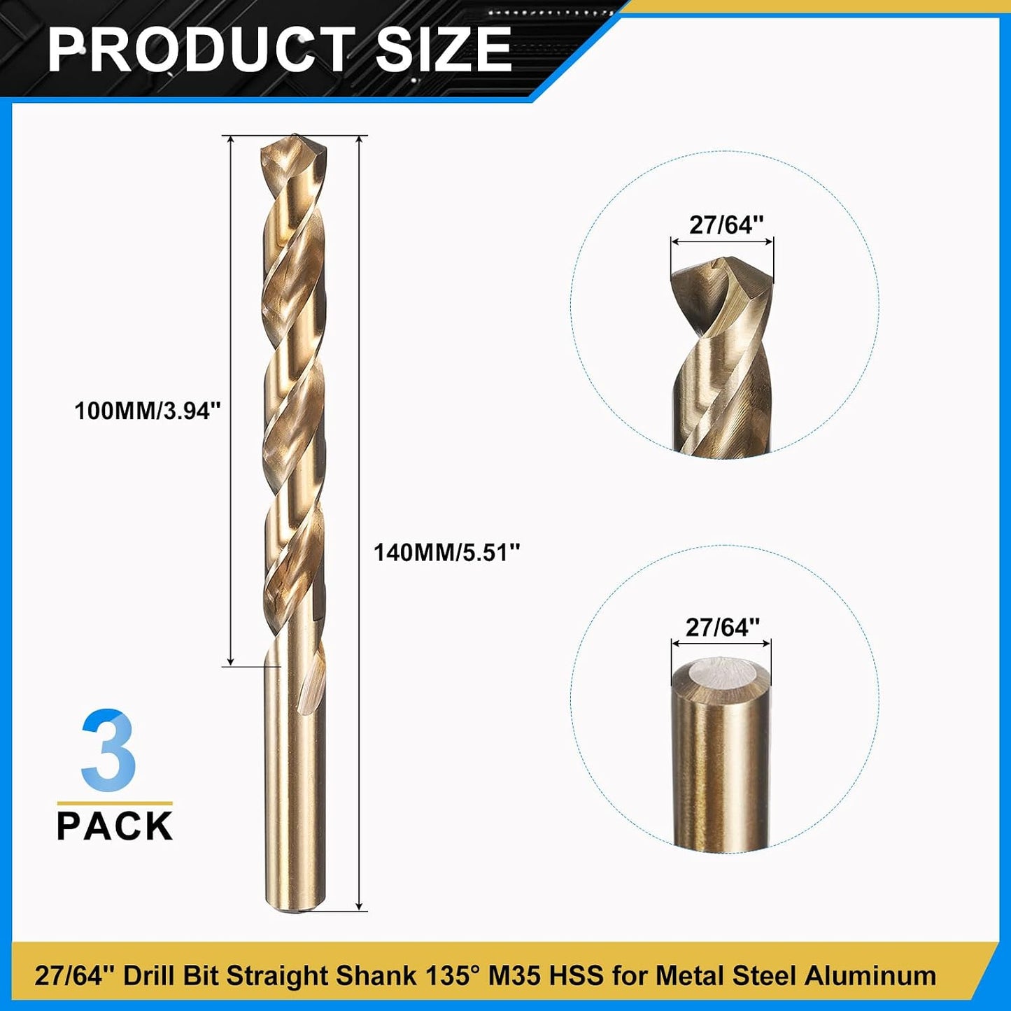 Broca Jobber M35 27/64pulg acero inox 135° dorado set 3