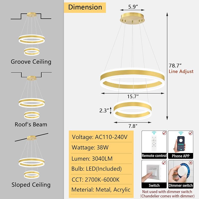 Lámpara colgante anillo LED regulable 3000K-6000K color