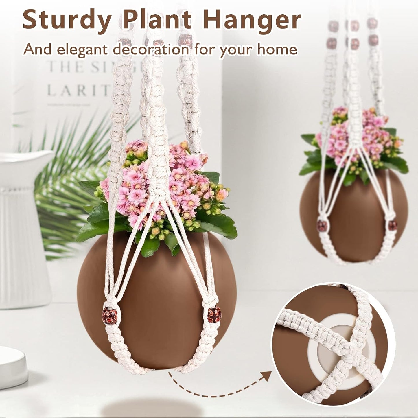 Colgador macramé plantas con cuentas madera 2 ganchos resistente