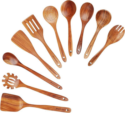 Set 10 Pzas Utensilios Cocina Madera Teca Agarre Cómodo