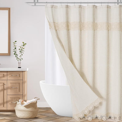 Cortina ducha boho farmhouse tela algodón lino encaje macramé forro