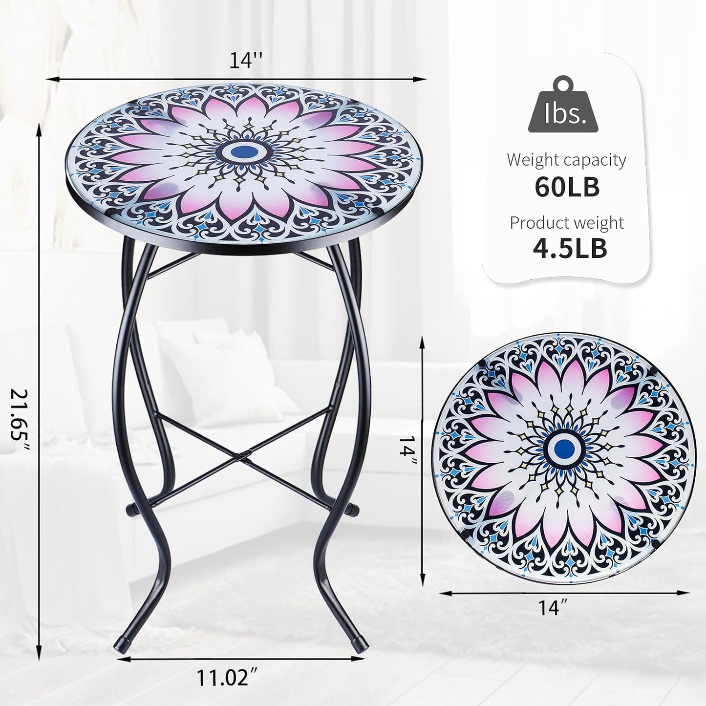 Mesa auxiliar redonda cristal para patio y balcón