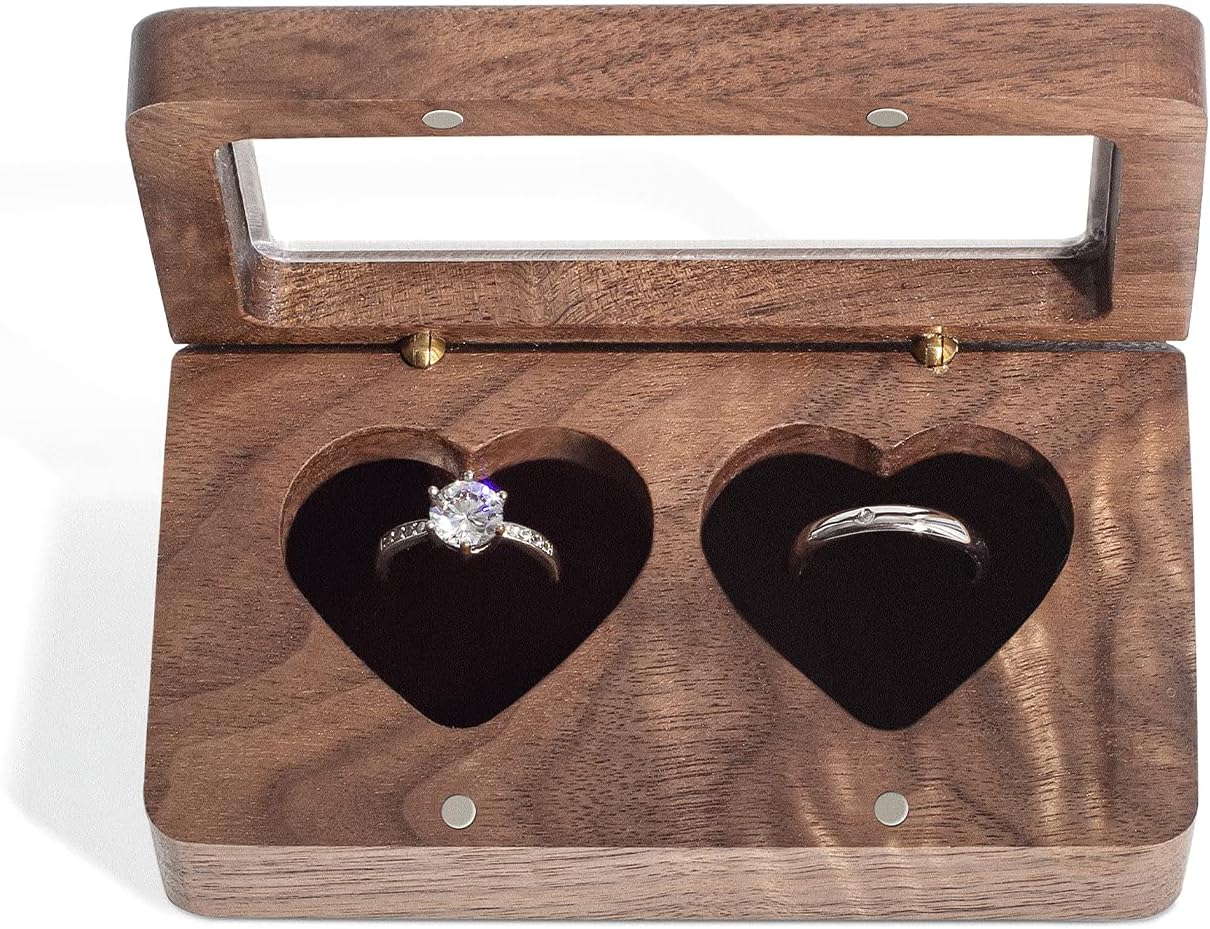 Caja madera nogal forma corazón para boda y compromiso
