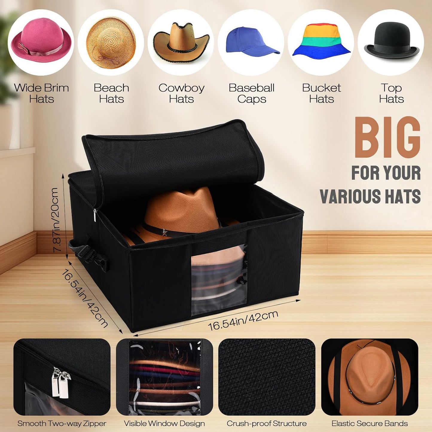 Caja almacenamiento sombreros organiz. apilable con tapas