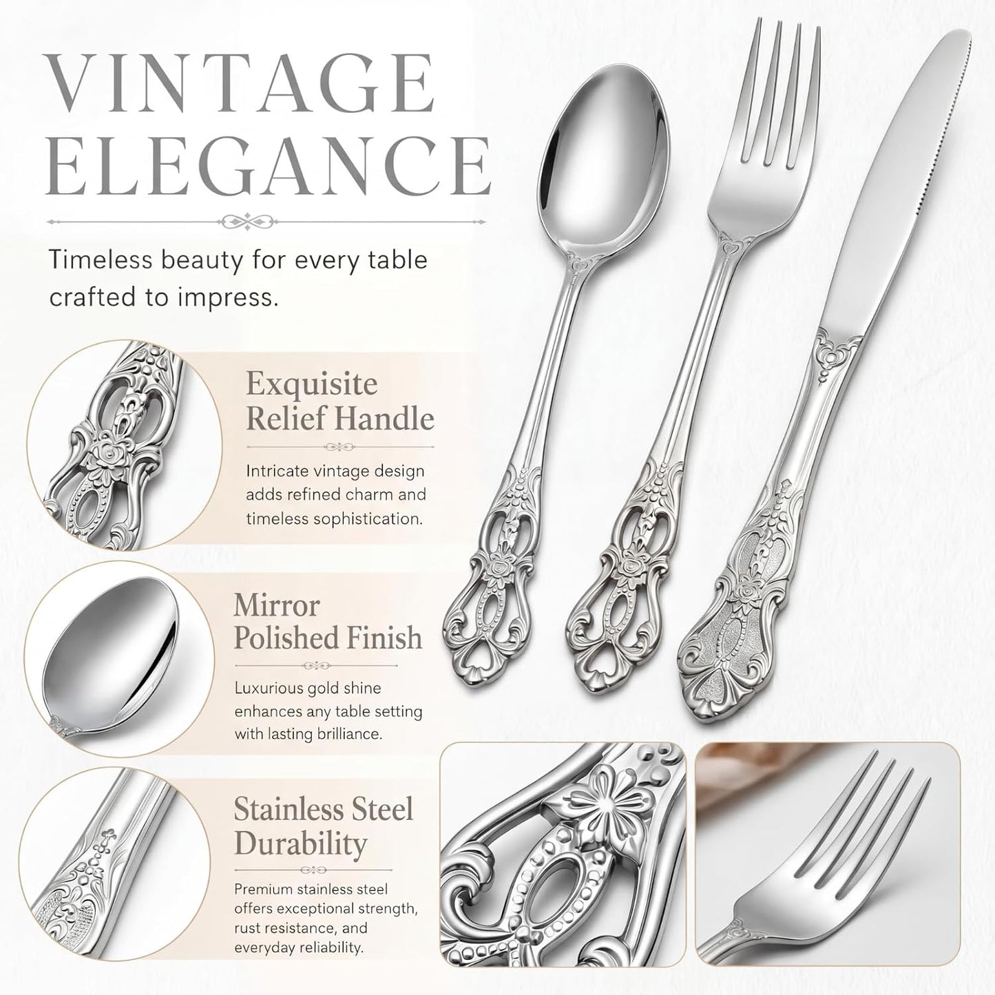 Set 60 Pzas Cubiertos Retro Plata Real Acero Inox