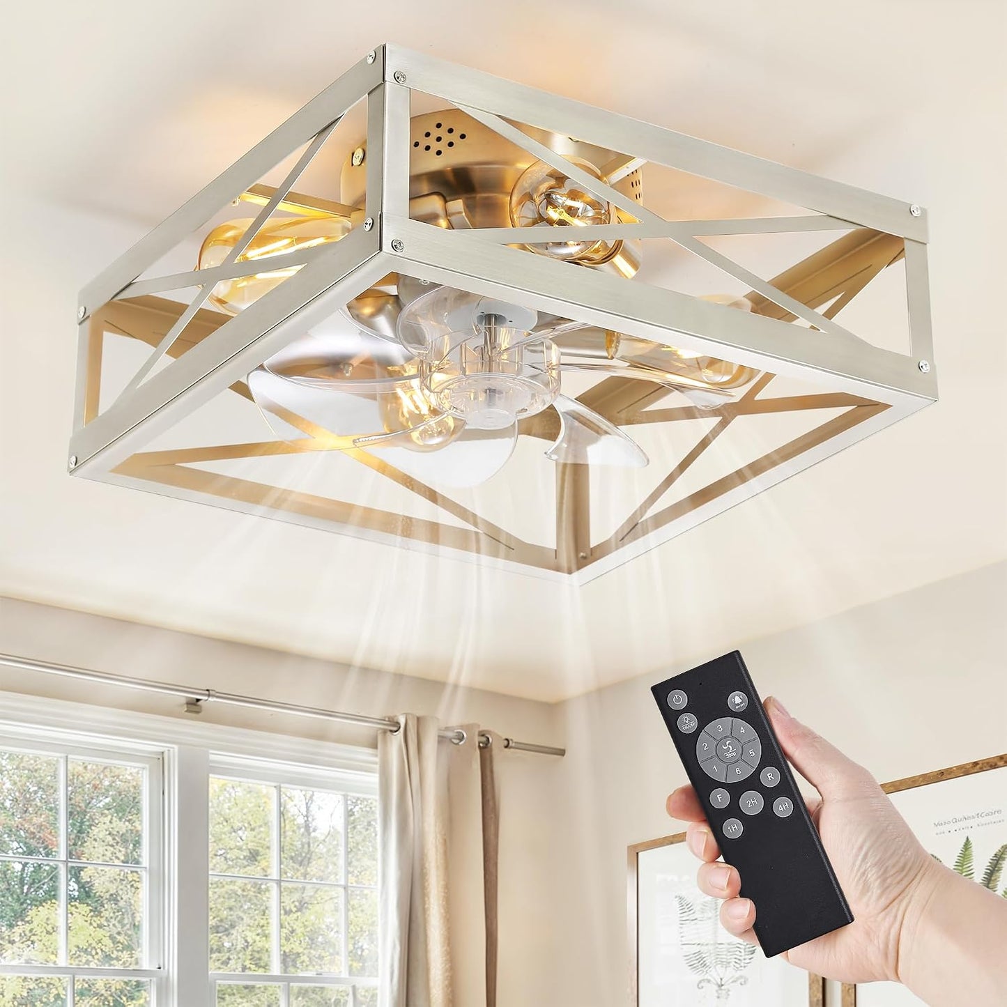 Ventilador techo enjaulado perfil bajo luces control remoto