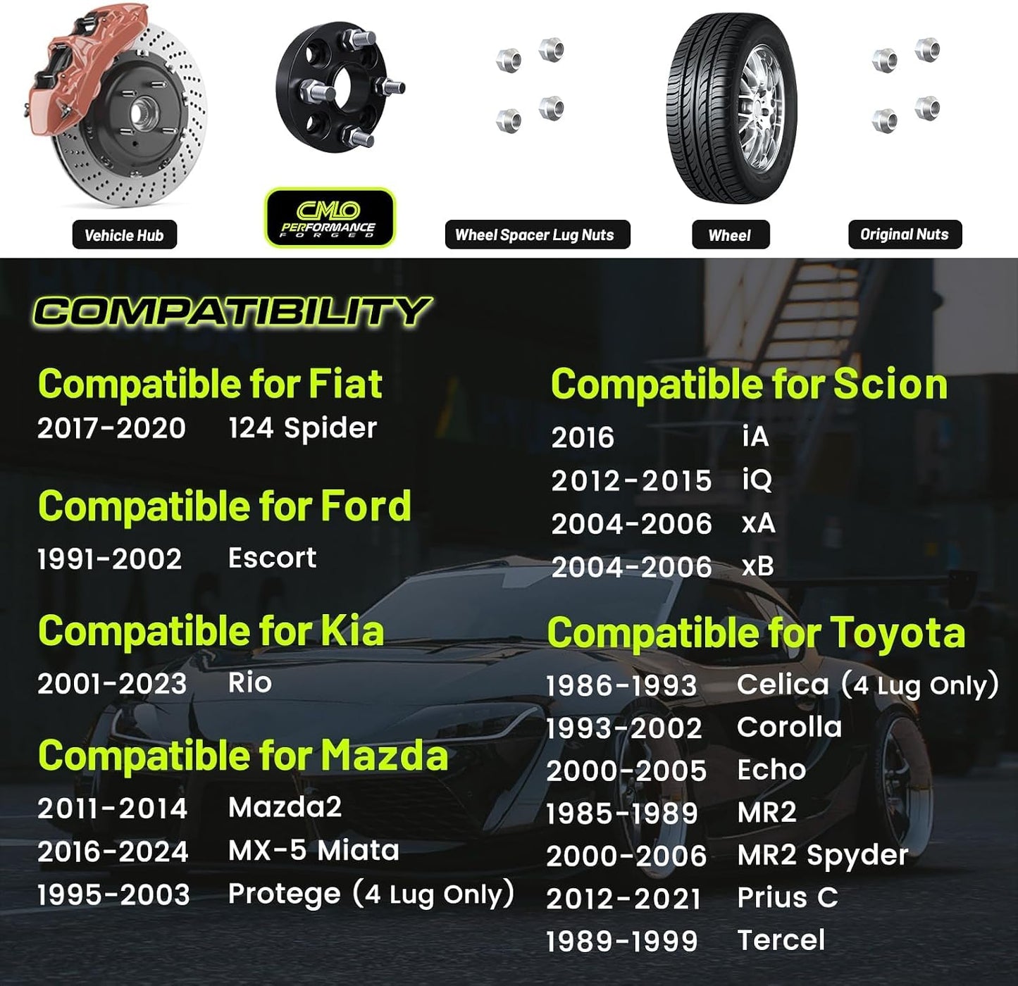 Espaciadores rueda 50mm M12x1.5 2PCS Negro para Mazda Miata