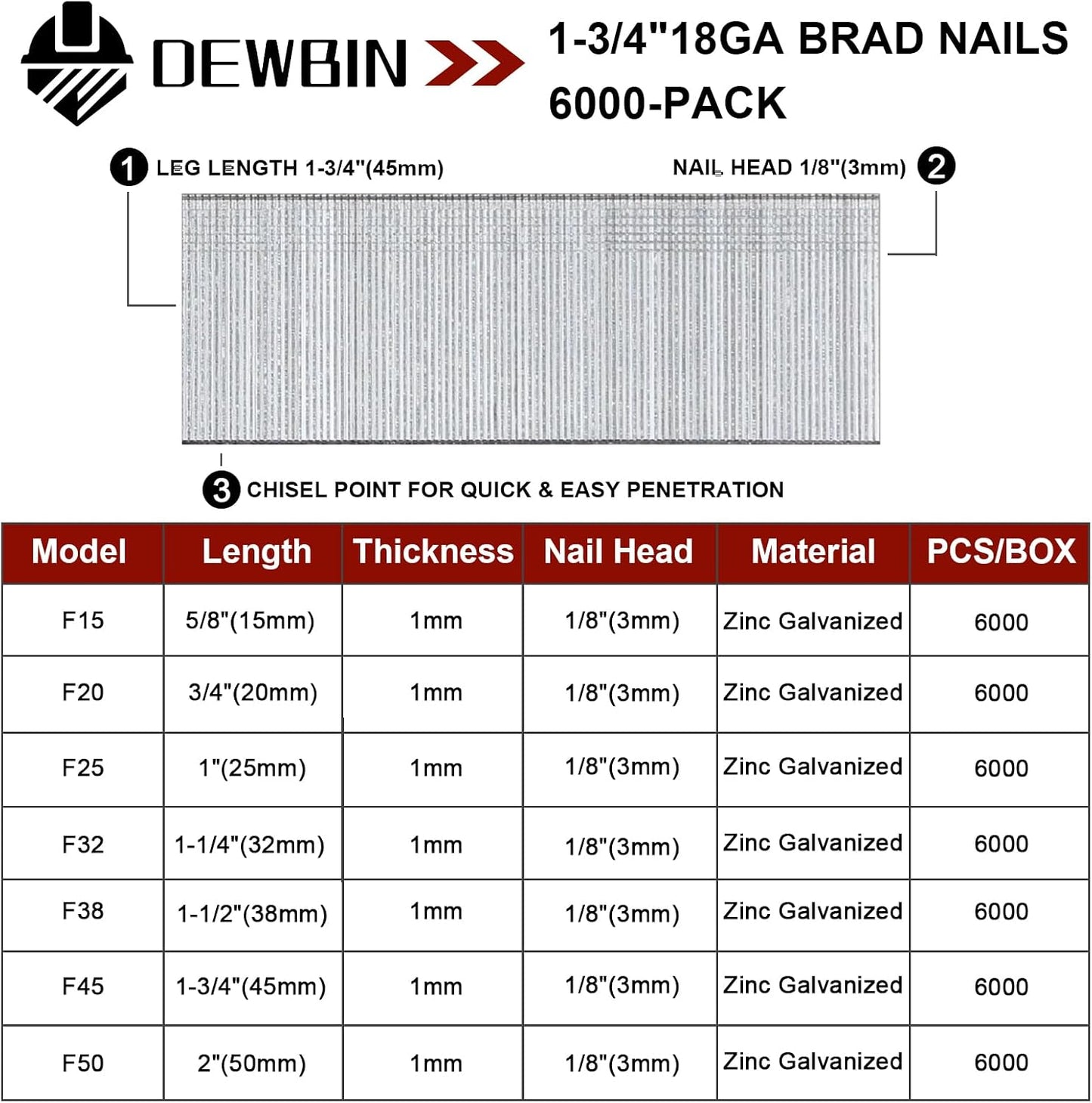 Clavos Brad 18 GA 1-3/4pulg 6000uds galvanizados para clavadora