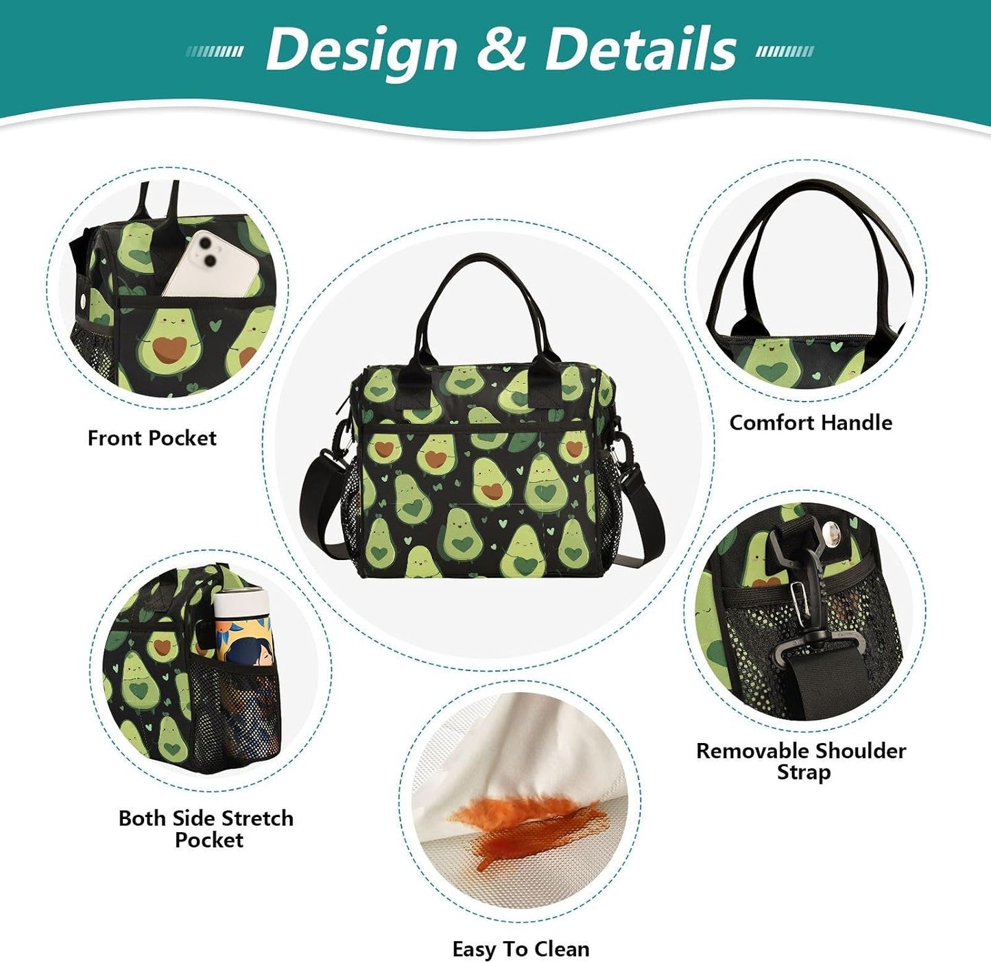 Bolsa almuerzo diseño aguacate para niños oficina escuela