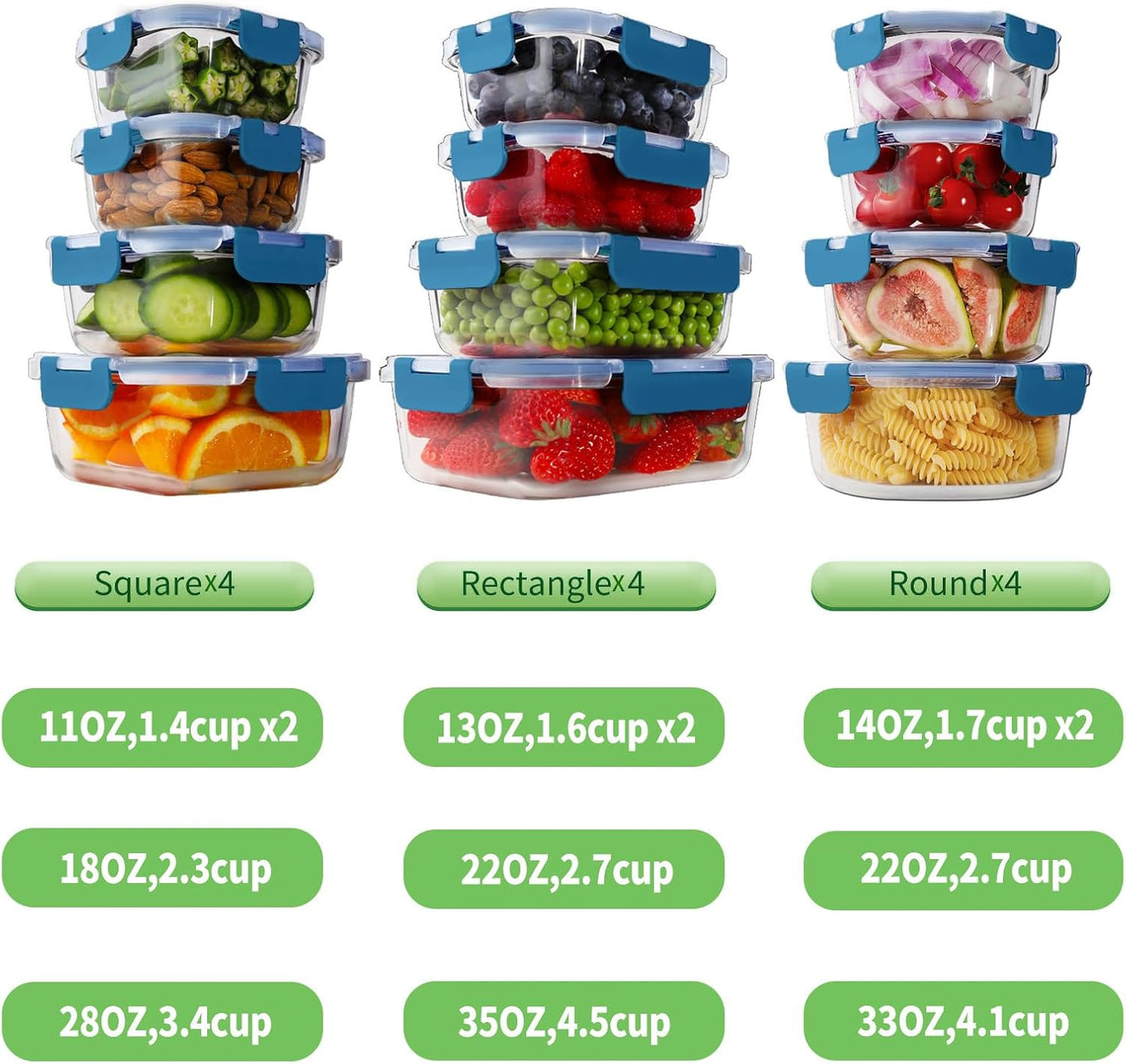 24 Recipientes Vidrio Almacenamiento Comida con Tapas Azul