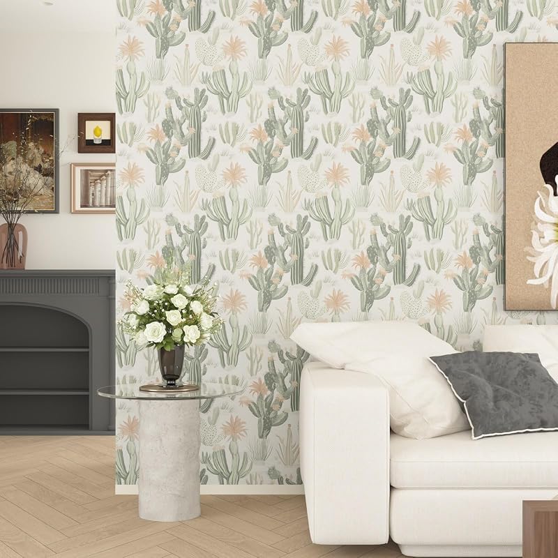 Papel tapiz cactus autoadhesivo beige y verde 17.5x118pulg