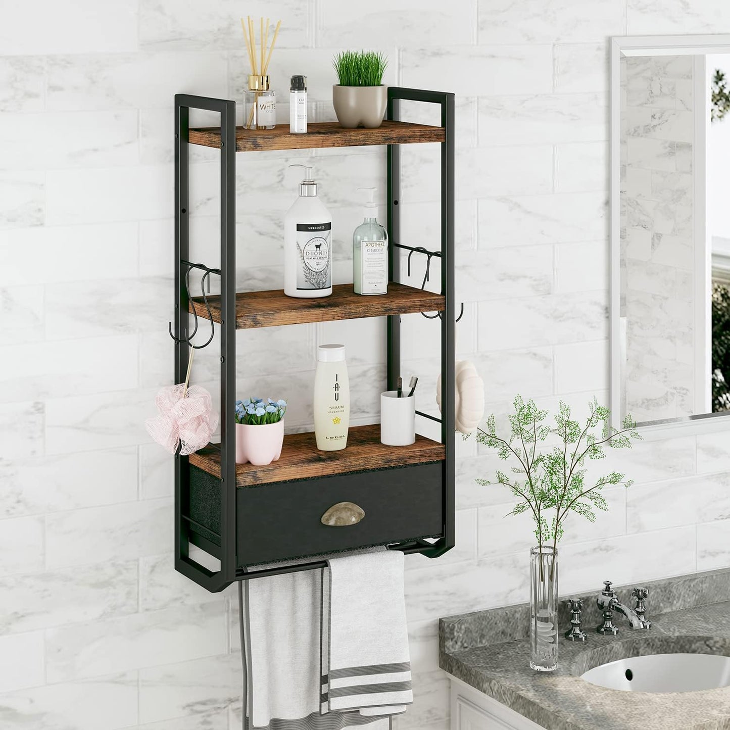 Organizador baño pared estante toallas 3 niveles rústico negro