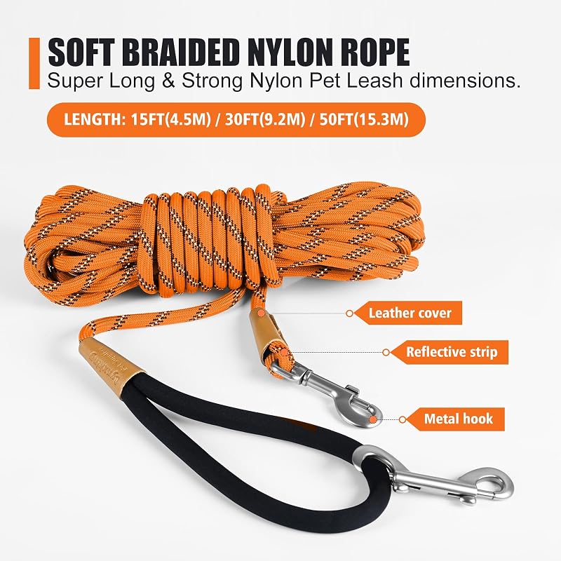 Correa reflectante perros 15-50pies asa acolchada resistente naranja