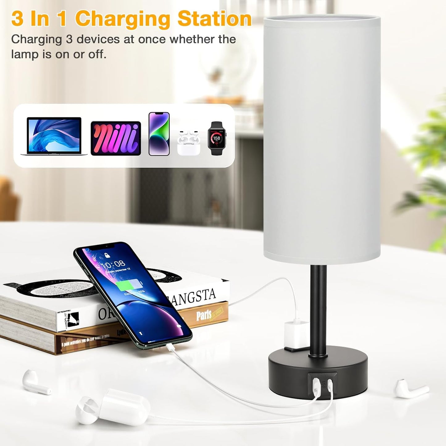 2 Lámparas Mesa Táctiles Grises 3 Niveles USB C y A