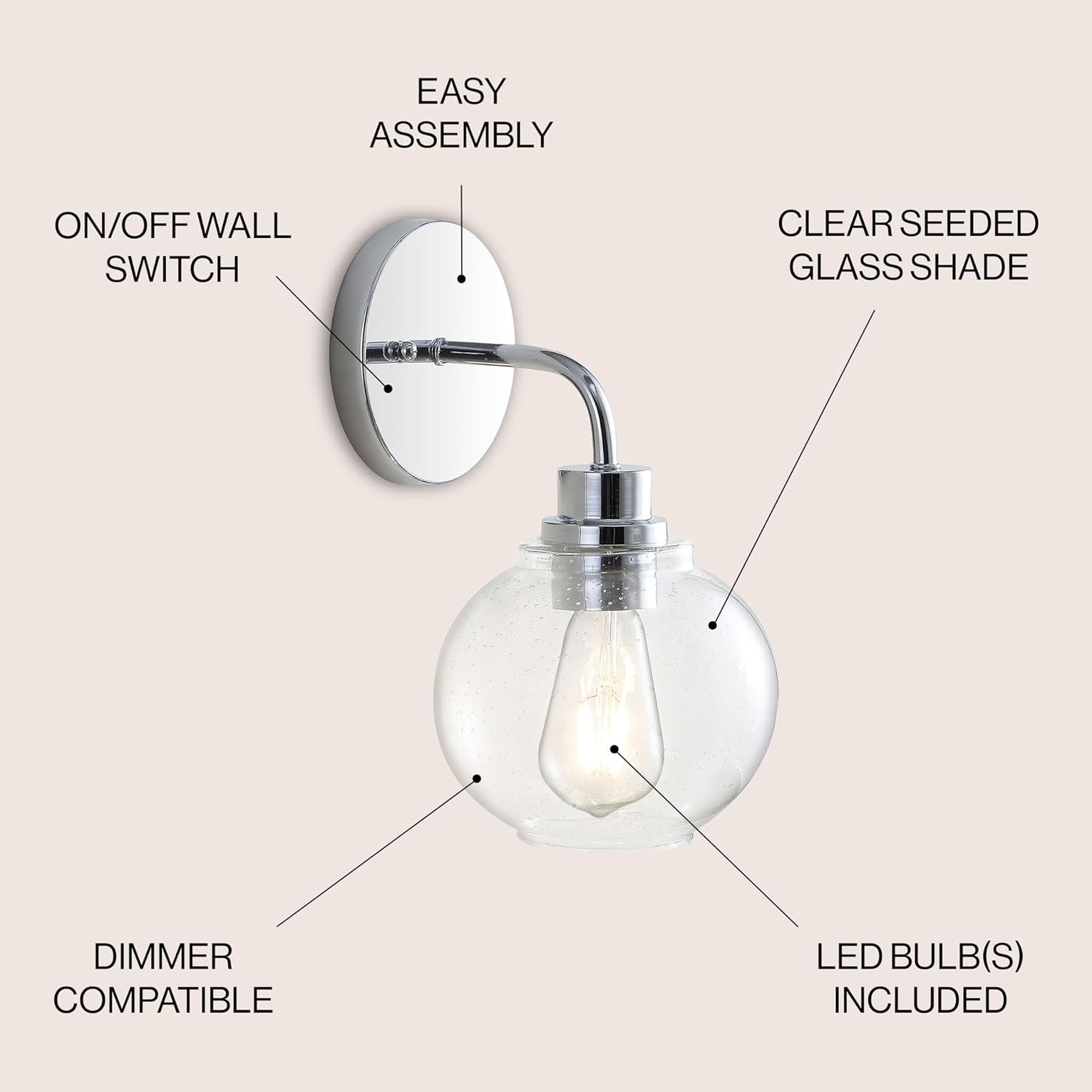 Lámpara pared LED cromada 6.5pulg baño vidrio transparente