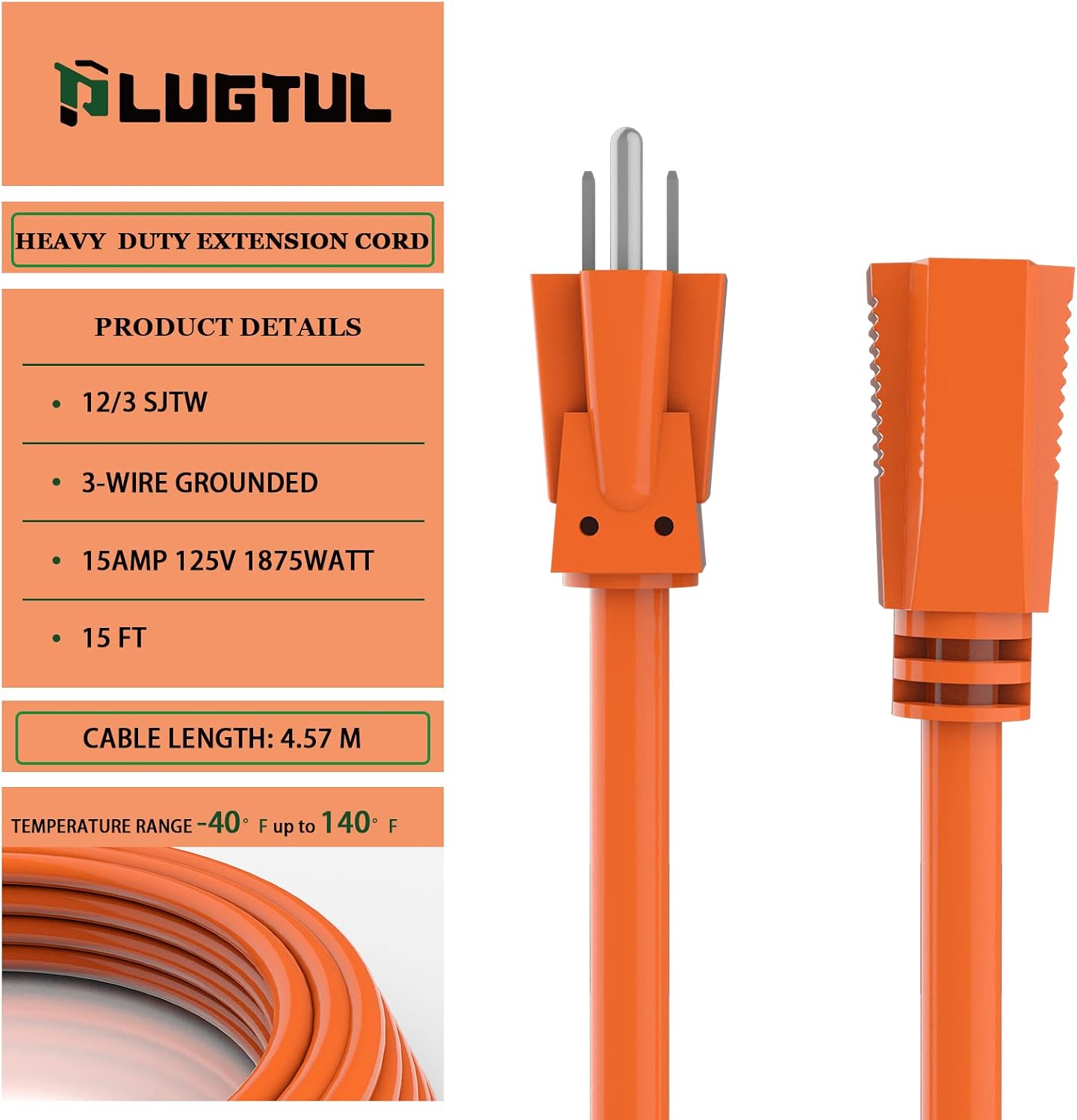 Cable extensión 15pies impermeable jardín hogar naranja