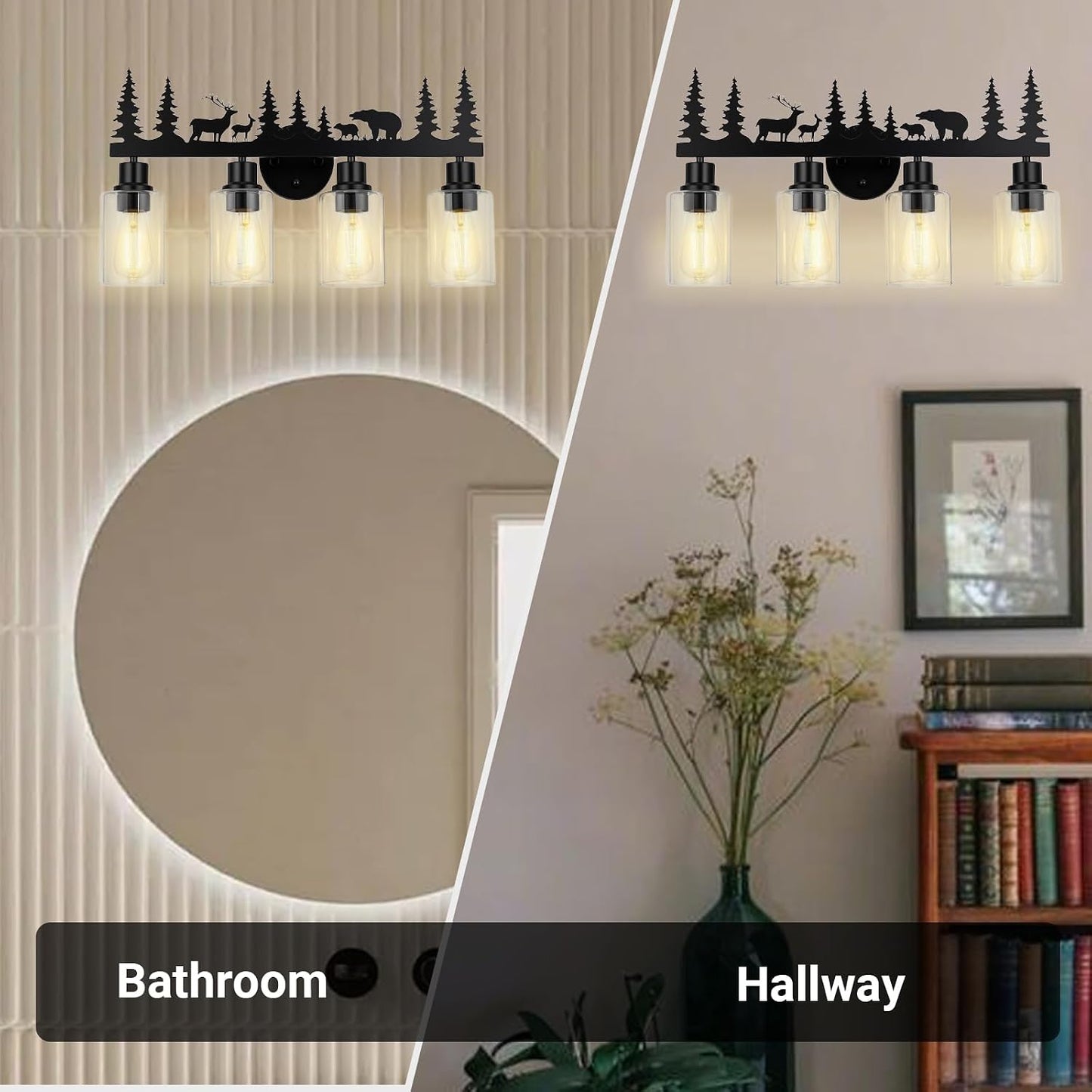 Lámpara pared baño 4 luces pantalla vidrio negro rústico