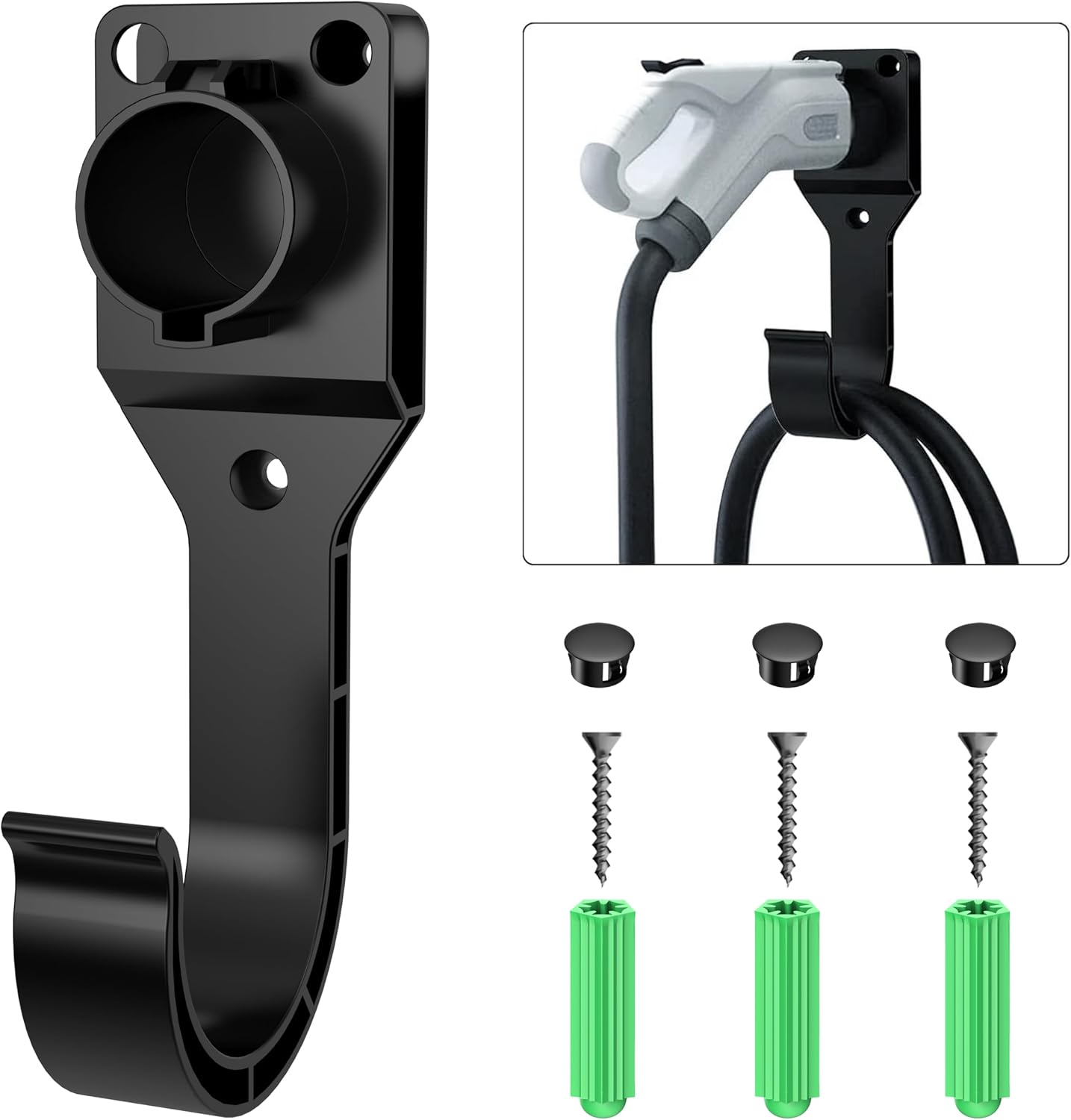 Soporte cargador EV SAE J1772 con gancho y 3 anclajes