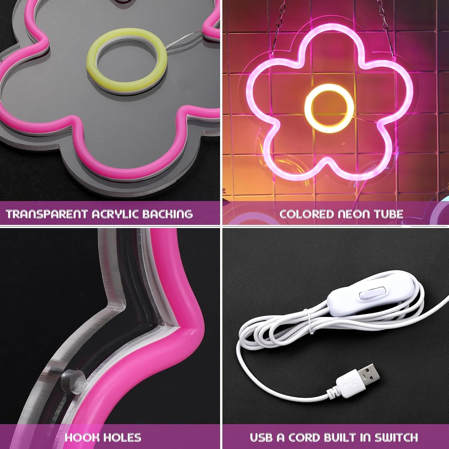 3 Letreros Neón Flores LED USB Decoración Pared Dormitorio