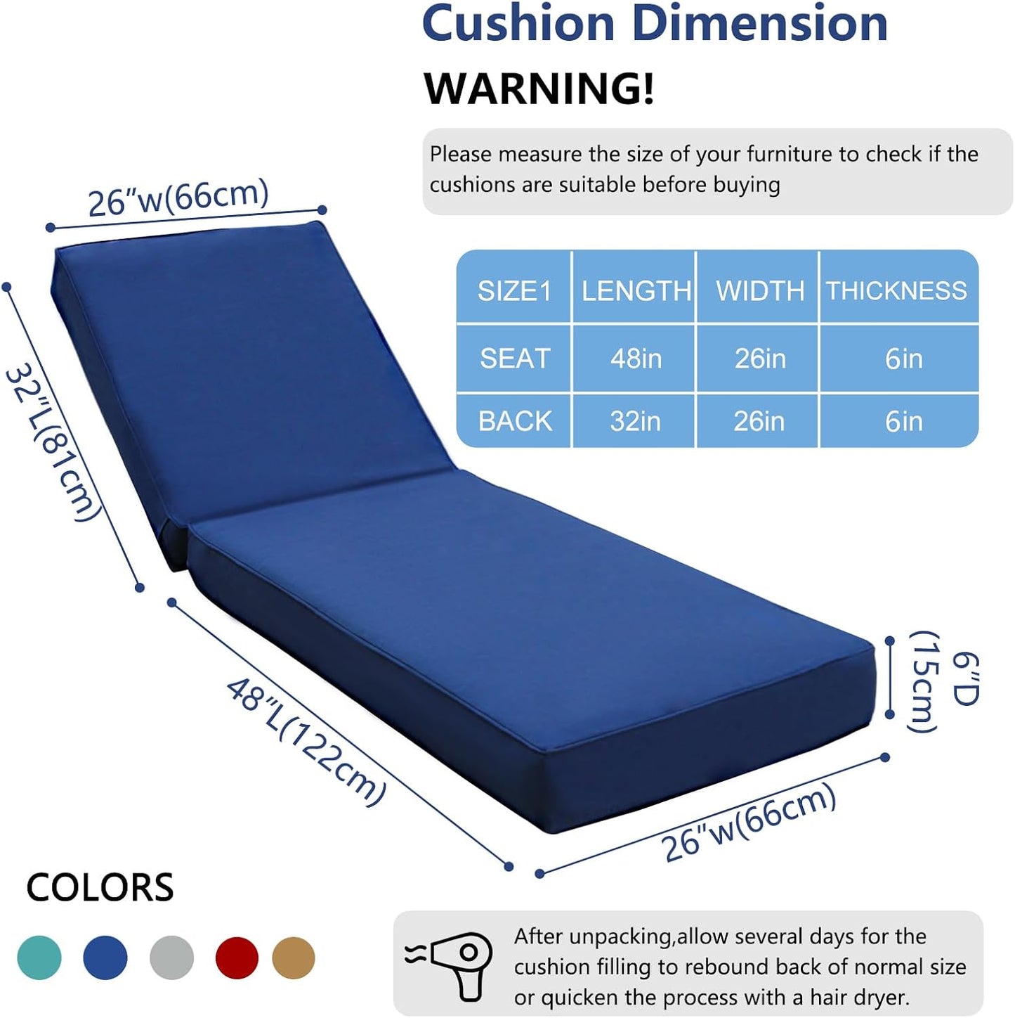 Cojín tumbona exterior 80x26pulg impermeable azul
