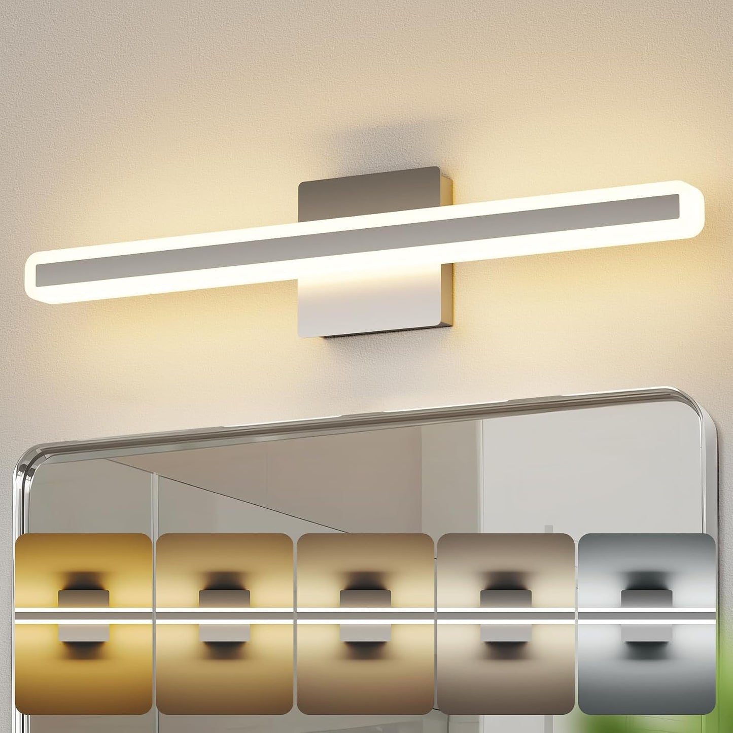 Barra luz LED tocador 24pulg níquel cepillado 5 temperaturas