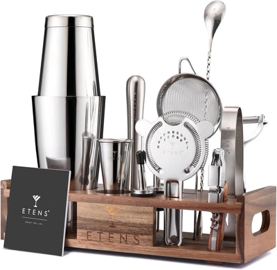 Kit coctelería 15 pzas acero inox soporte madera