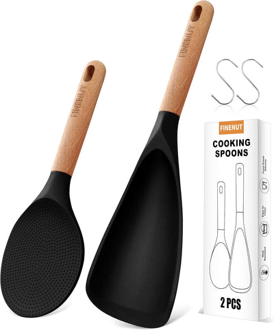 Cuchara silicona multifunción 2 pzas mango madera negro