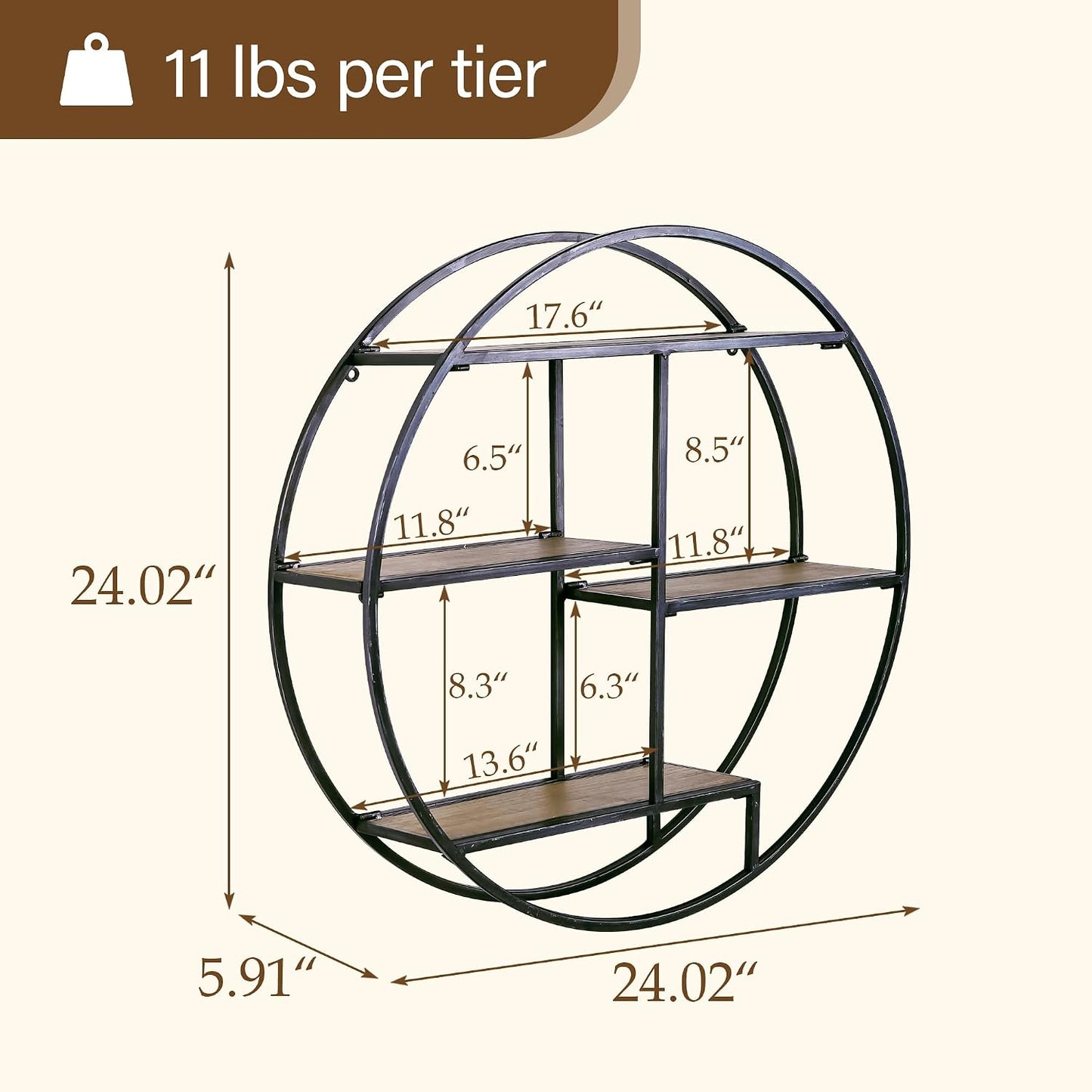 Estantes pared industrial 3 niveles madera soporte metal 24"