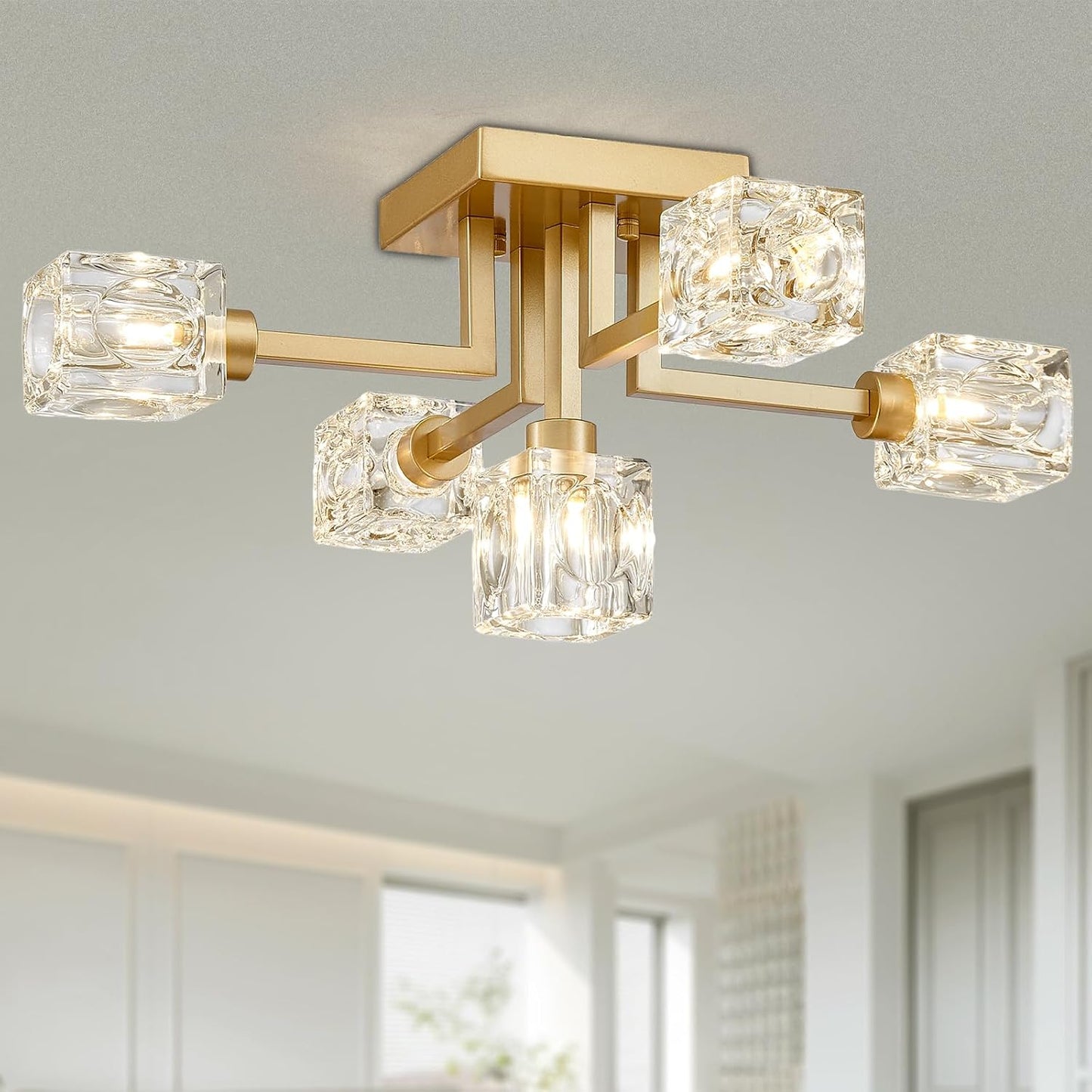 Lámpara techo cristal 5 luces dorada estilo sputnik
