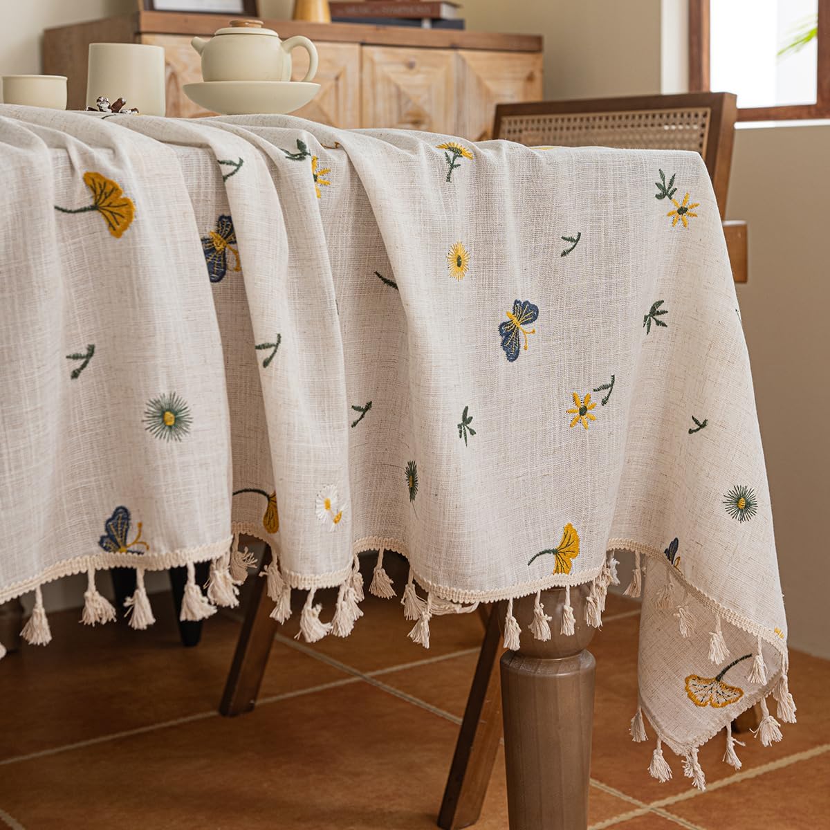 Mantel poliéster lino borlas rectangular bordado flores