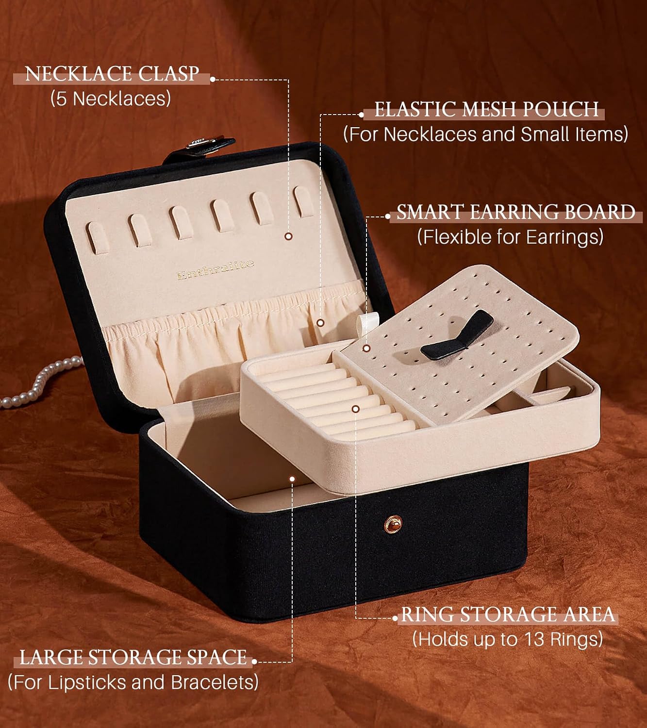 Joyero para mujer organiz. anillos aretes collares negro