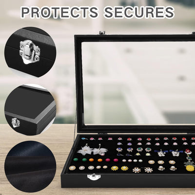 Caja organizadora joyas terciopelo negro con tapa vidrio