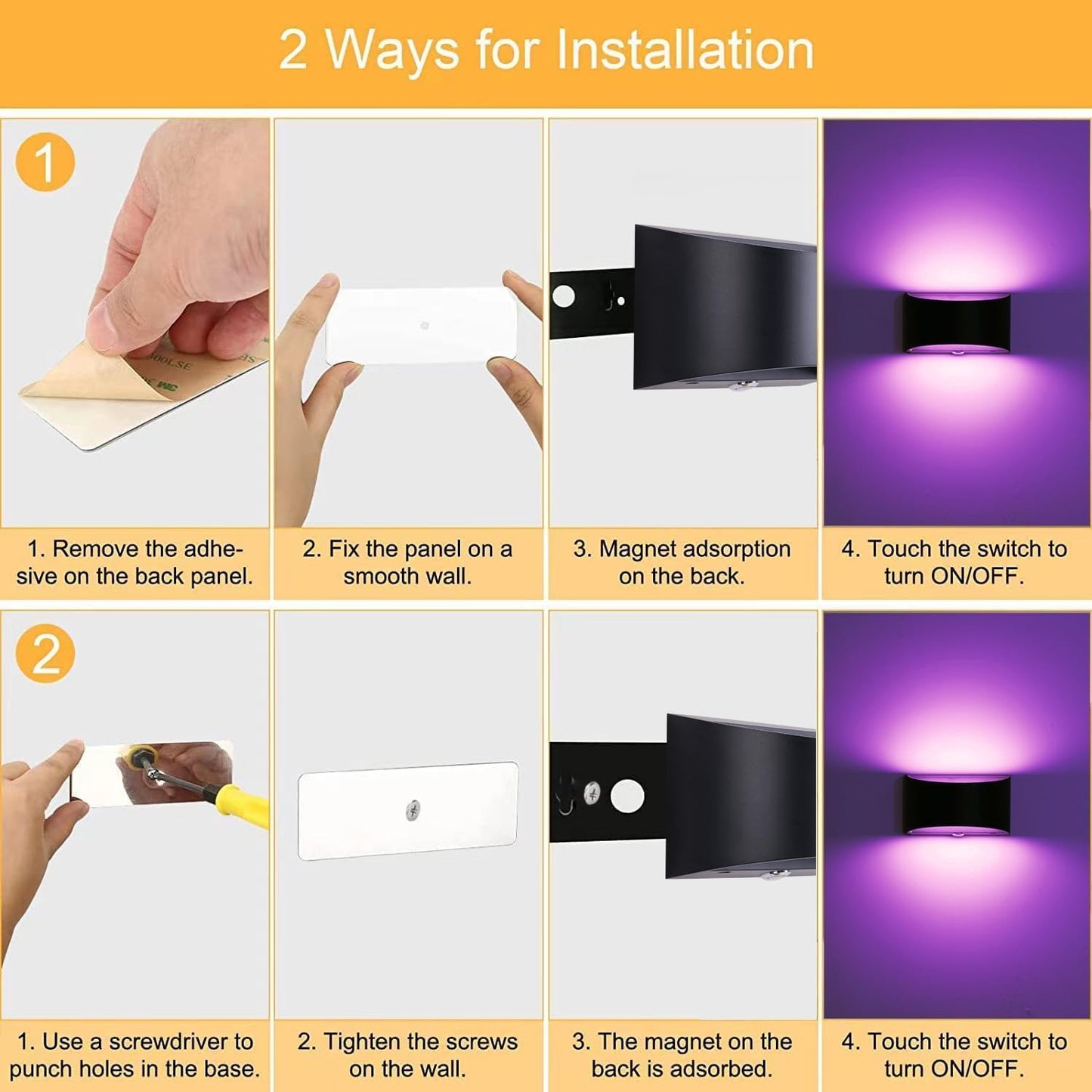 Aplique LED con control táctil USB dormitorio pasillo negro RGB