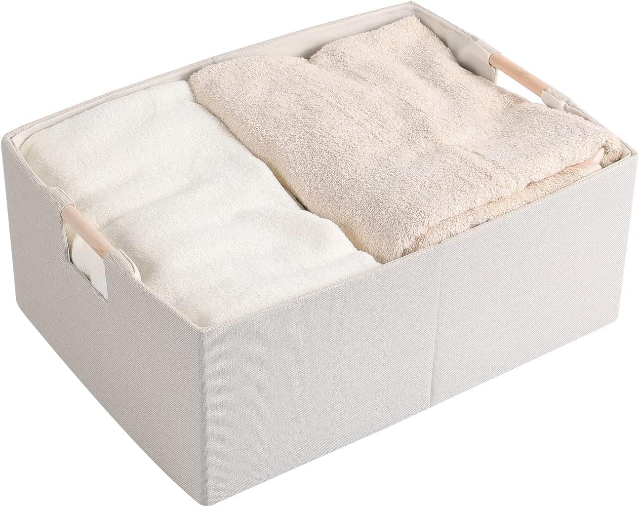 Caja almacenamiento tela plegable con asas madera beige