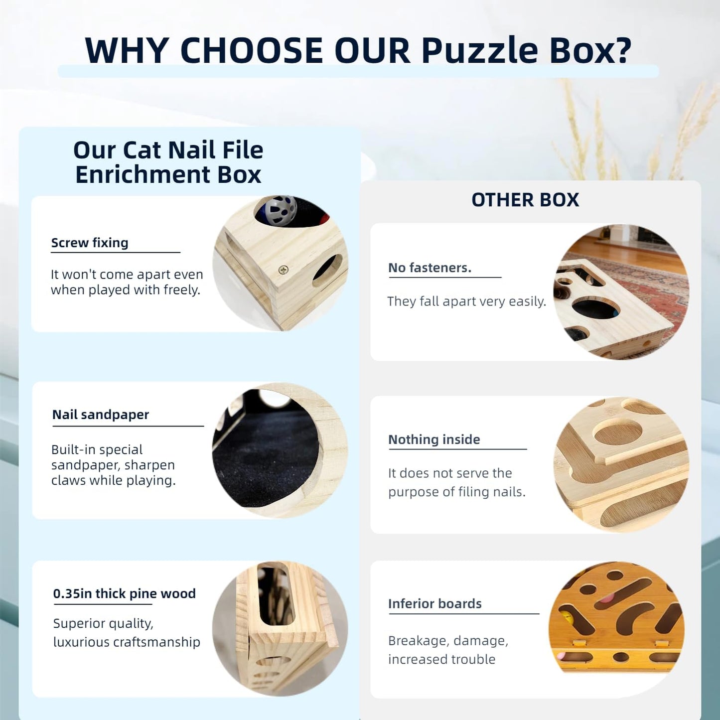 Caja enriquecimiento gatos con lija y bola campana