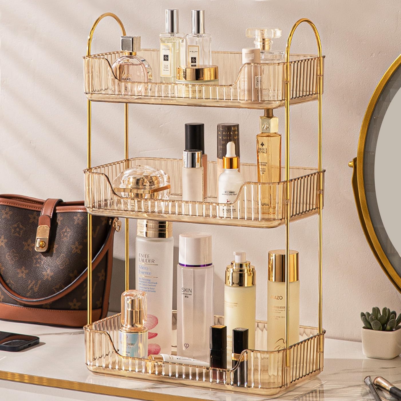Organiz. baño 3 niveles para maquillaje y perfume dorado
