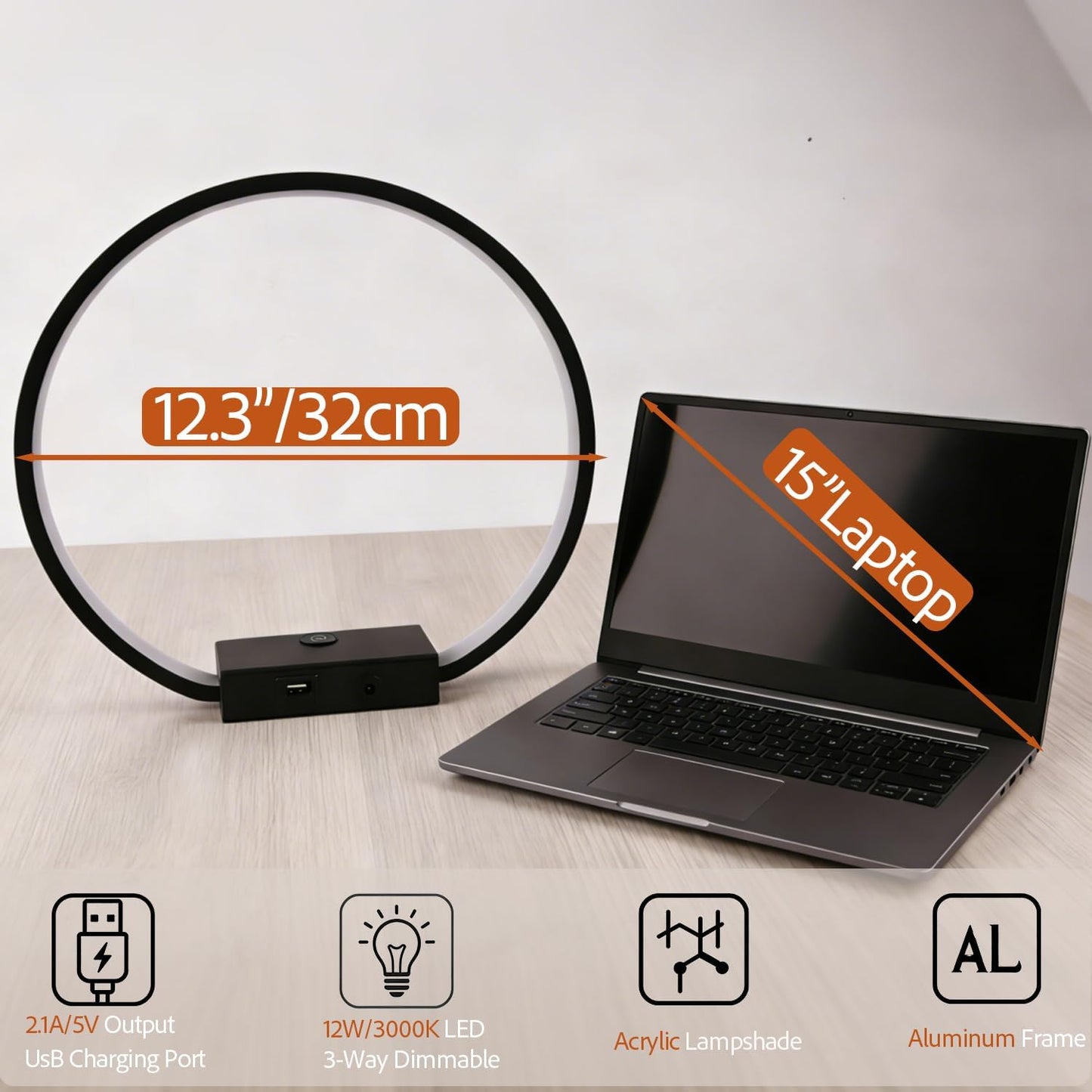 Lámpara mesa LED circular tactil 3 vías USB 12W 3000K